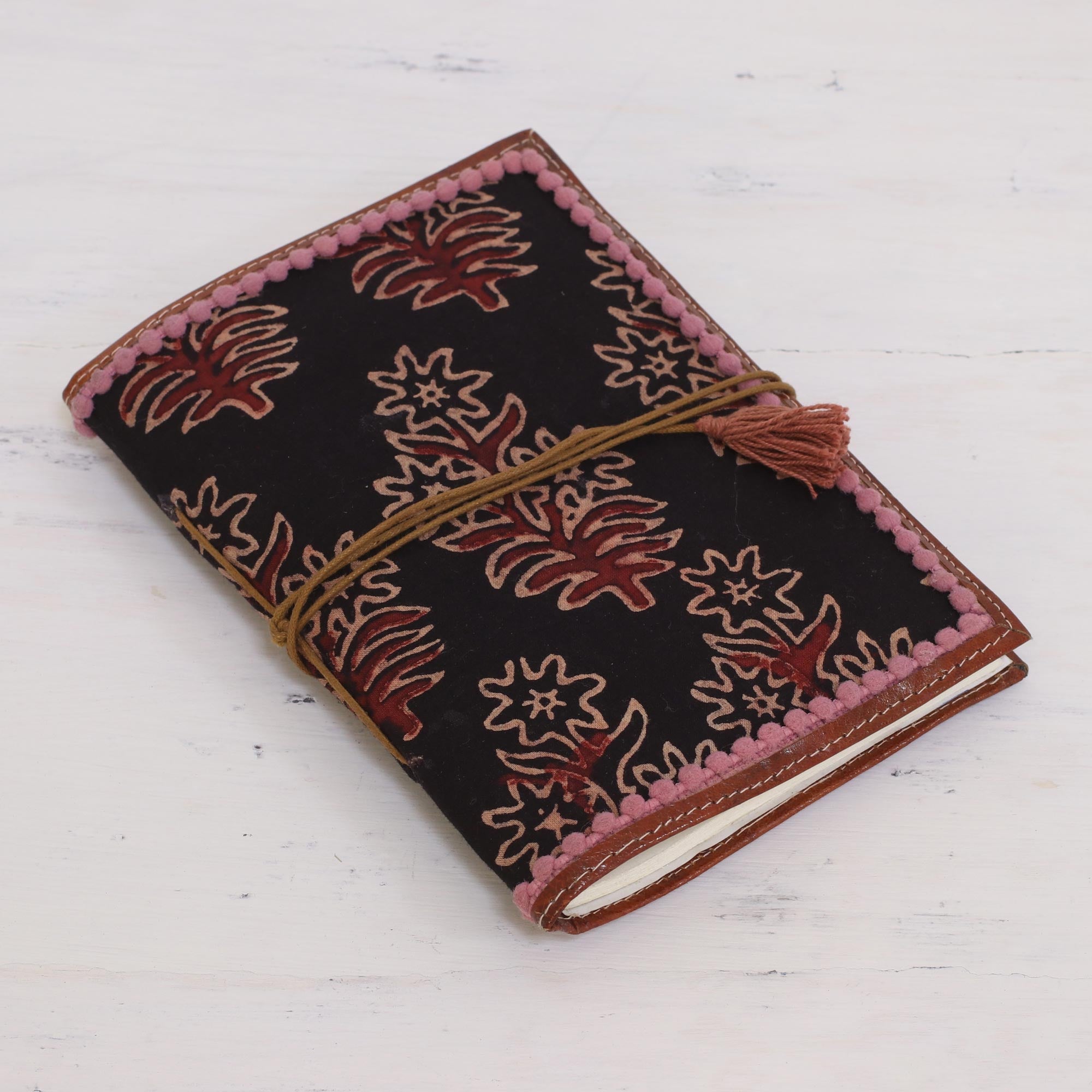 Premium Onyx Garden Floral Leather Journal - Handcrafted Cotton Notebook from India