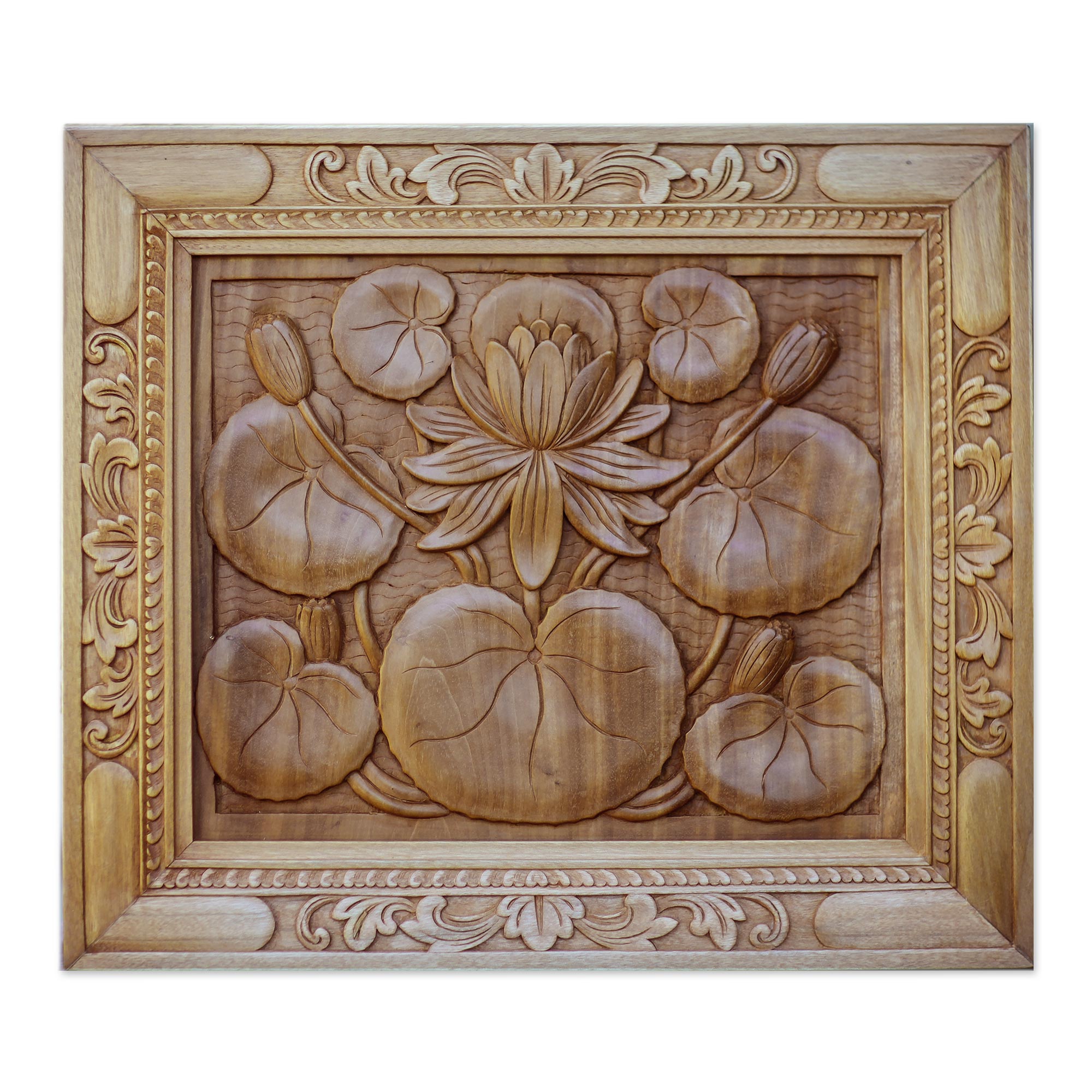 Premium Lotus Blossom Wood Relief Panel - Handcrafted Elegance