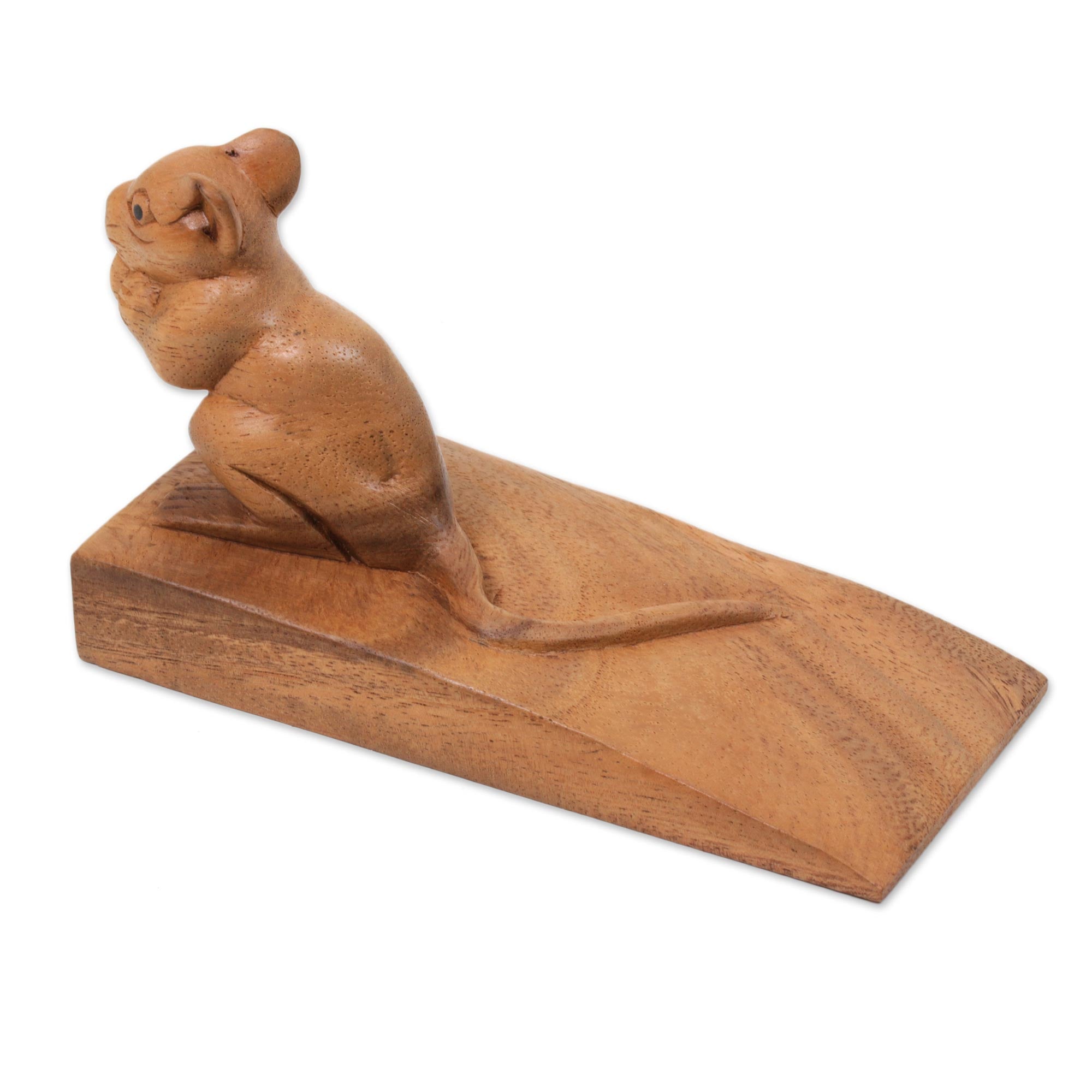 Premium Hand-Carved Wooden Mouse Door Stopper - Natural Brown Finish