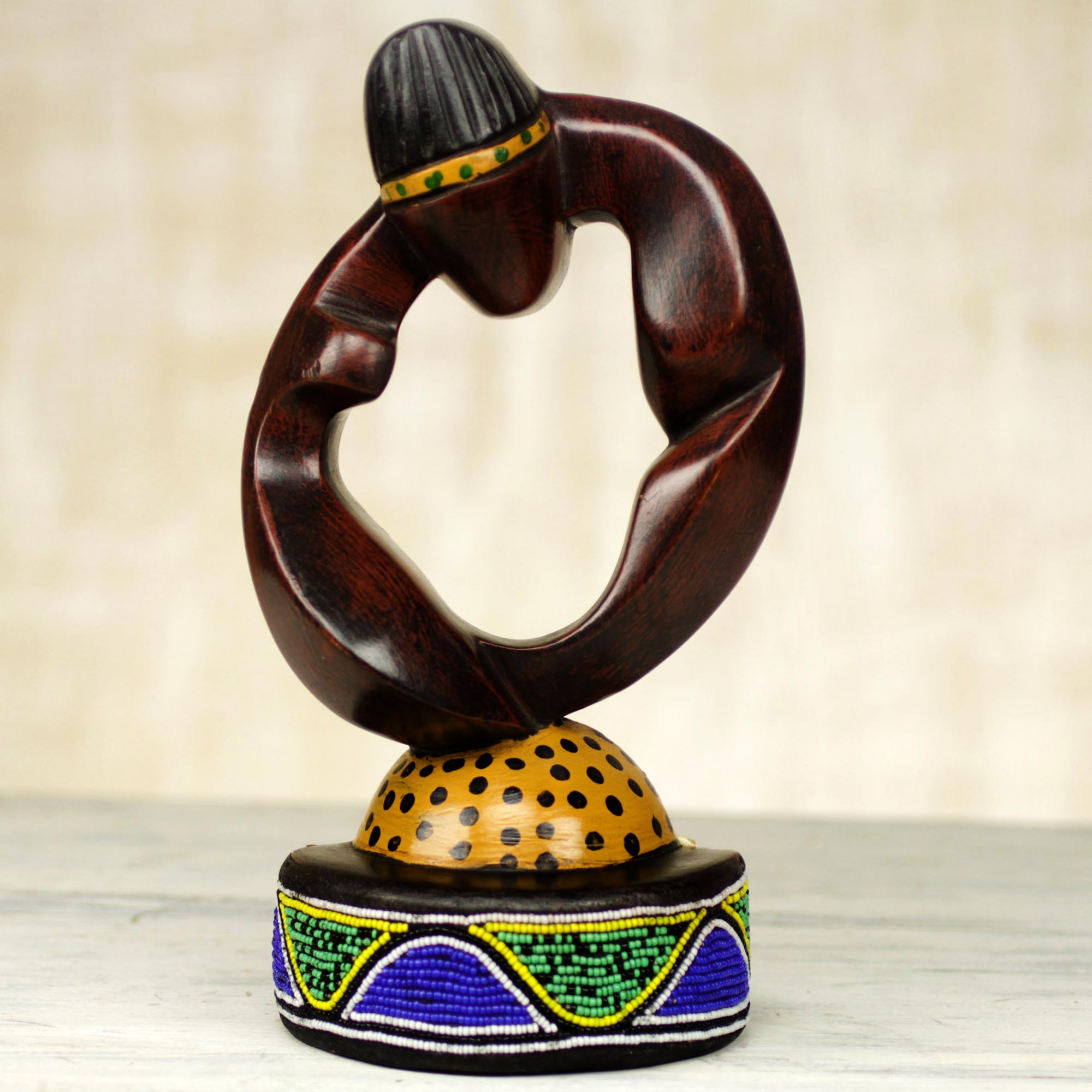 Premium Hand-Carved Ikenna Wooden Sculpture with Recycled Glass Beads