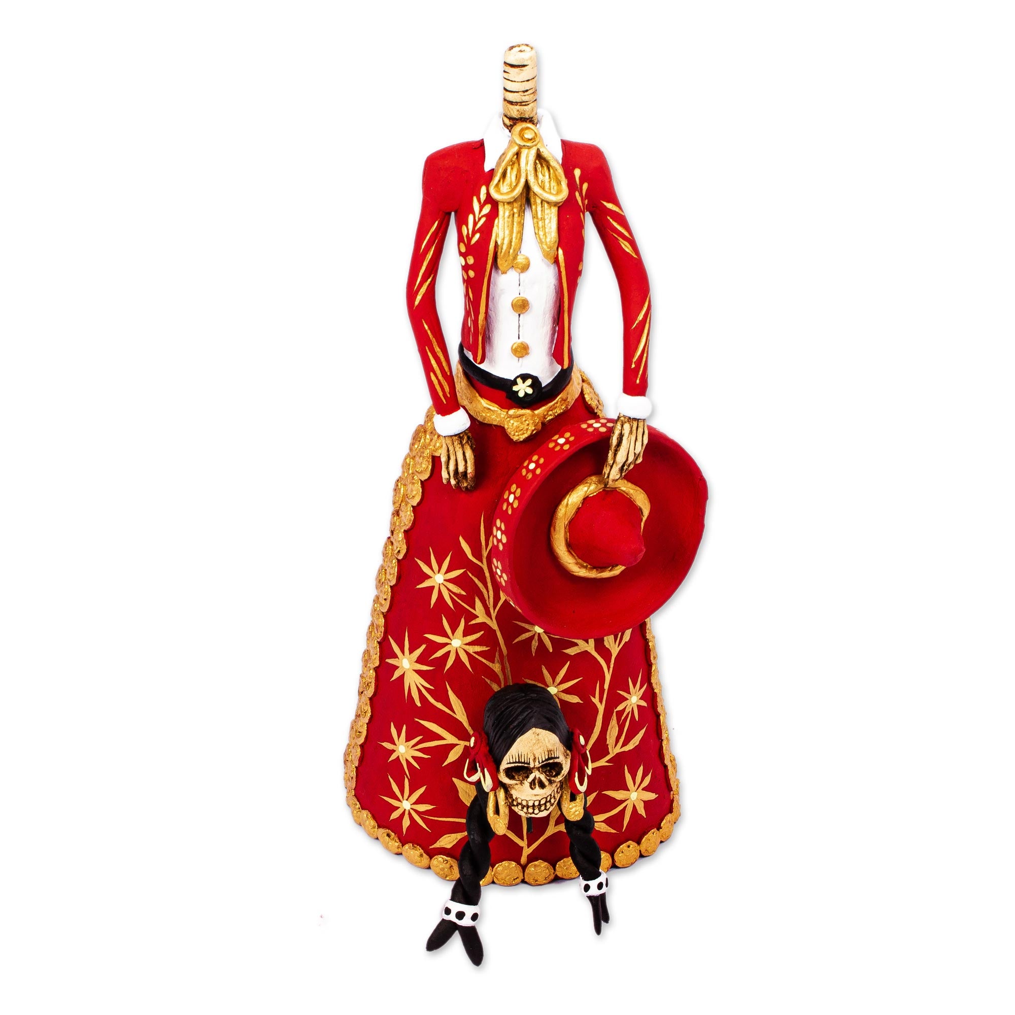 Premium La Catrina Charra Sculpture - Handcrafted Red & Gold Mexican Art