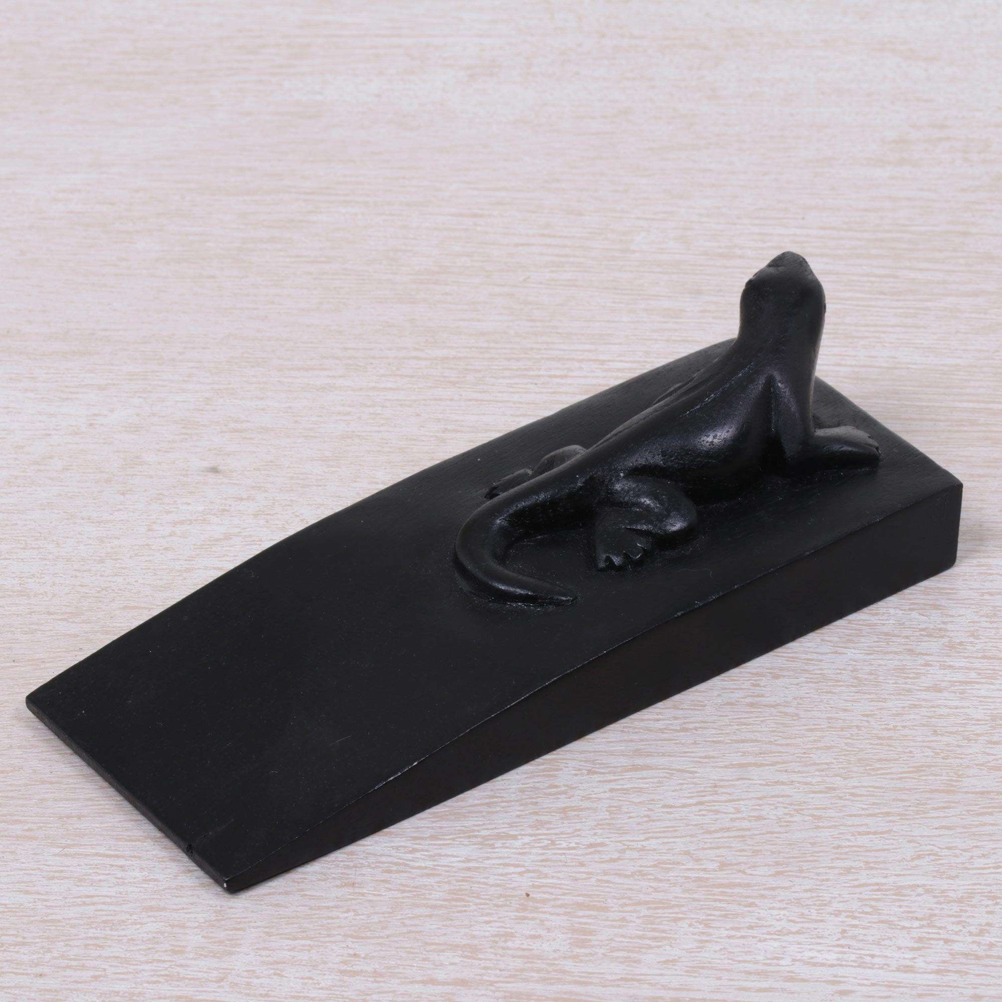 Premium Hand-Carved Suar Wood Gecko Door Stopper - Black