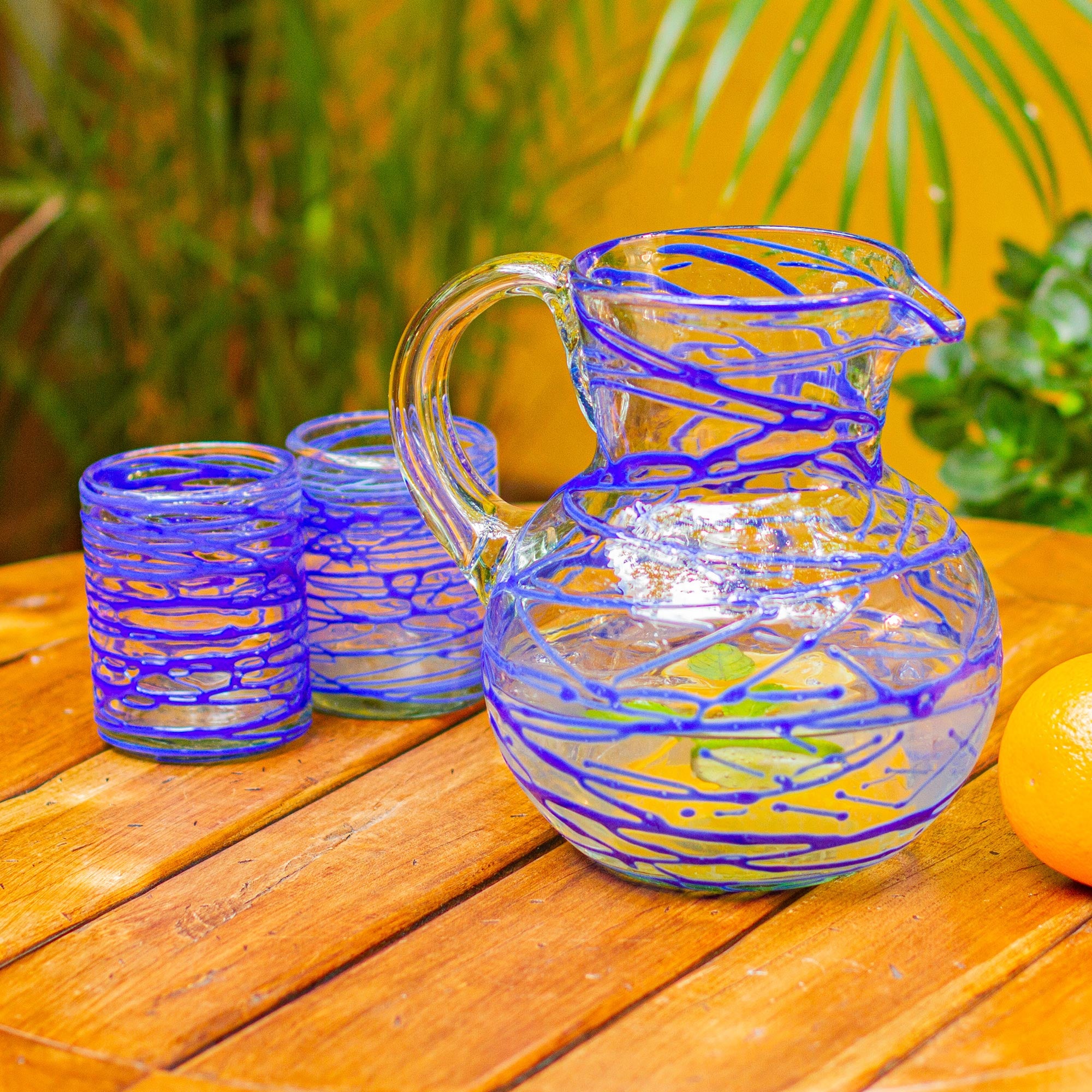 Premium Sapphire Swirl Hand-Blown Glass Pitcher - 84 oz Eco-Friendly Artisan Craft