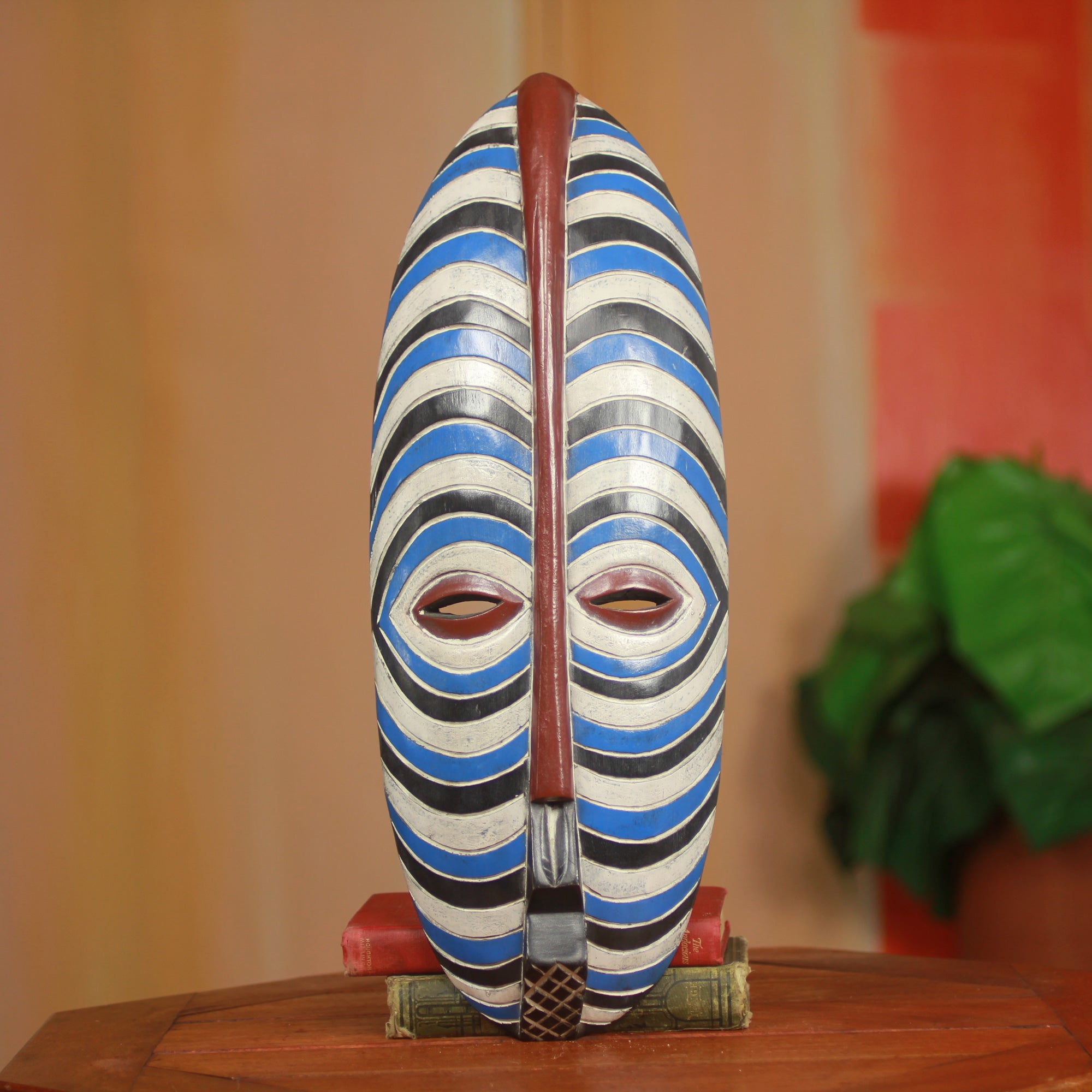 Premium Hand-Carved Brotherly Love African Wall Mask - Blue & White Stripes