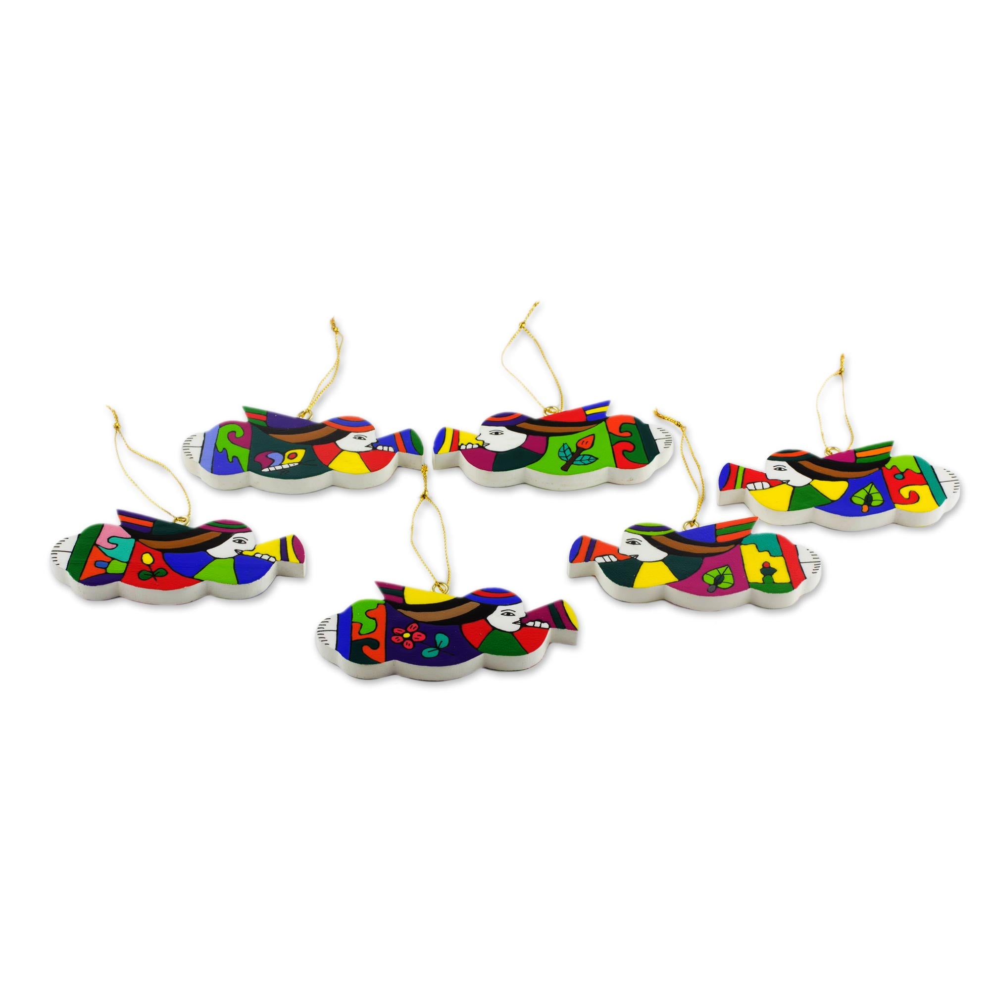Premium Angel Trumpets Christmas Wood Ornaments Set of 6