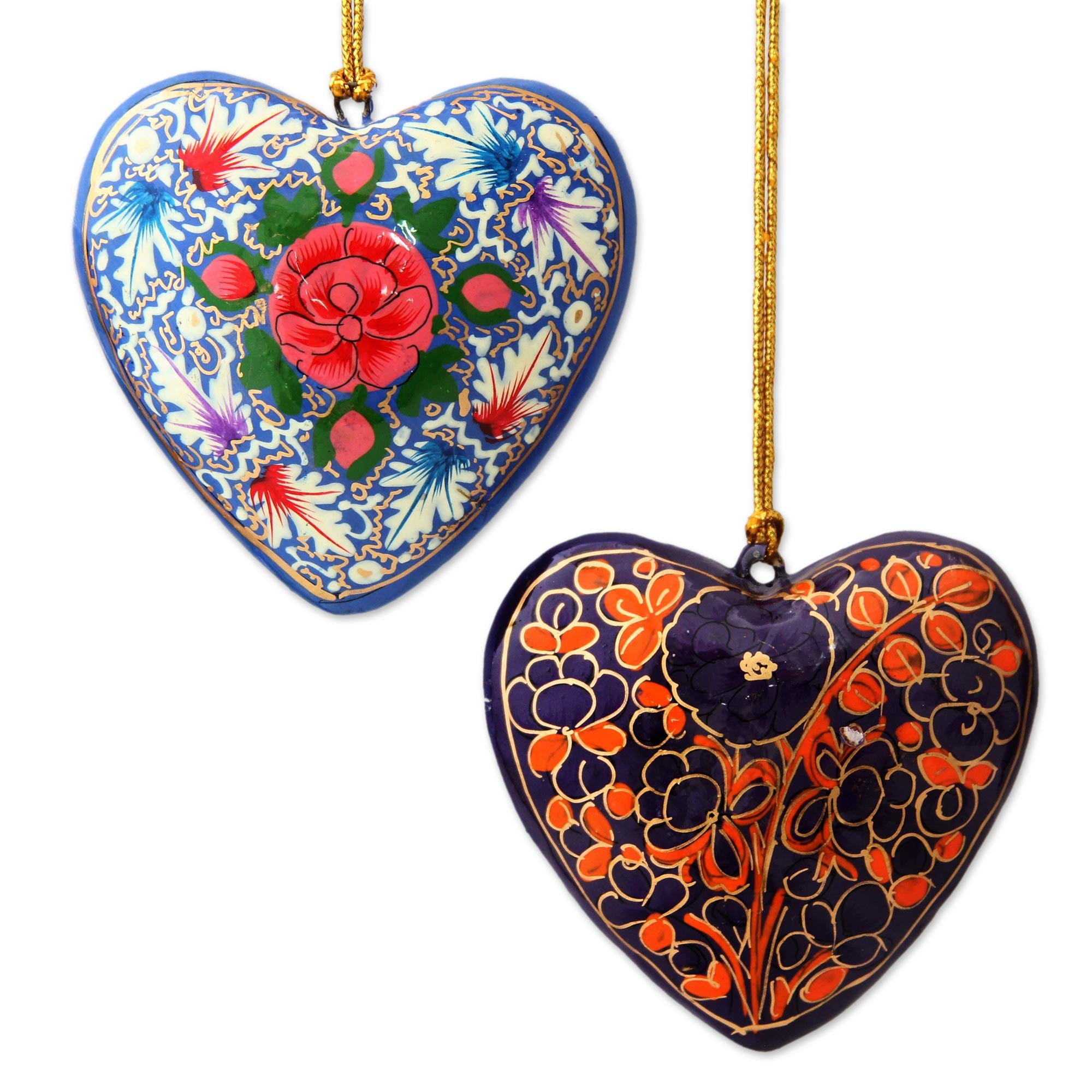Premium Handcrafted Bouquet of Hearts: 4 Artisan Papier Mache Ornaments with Floral Designs