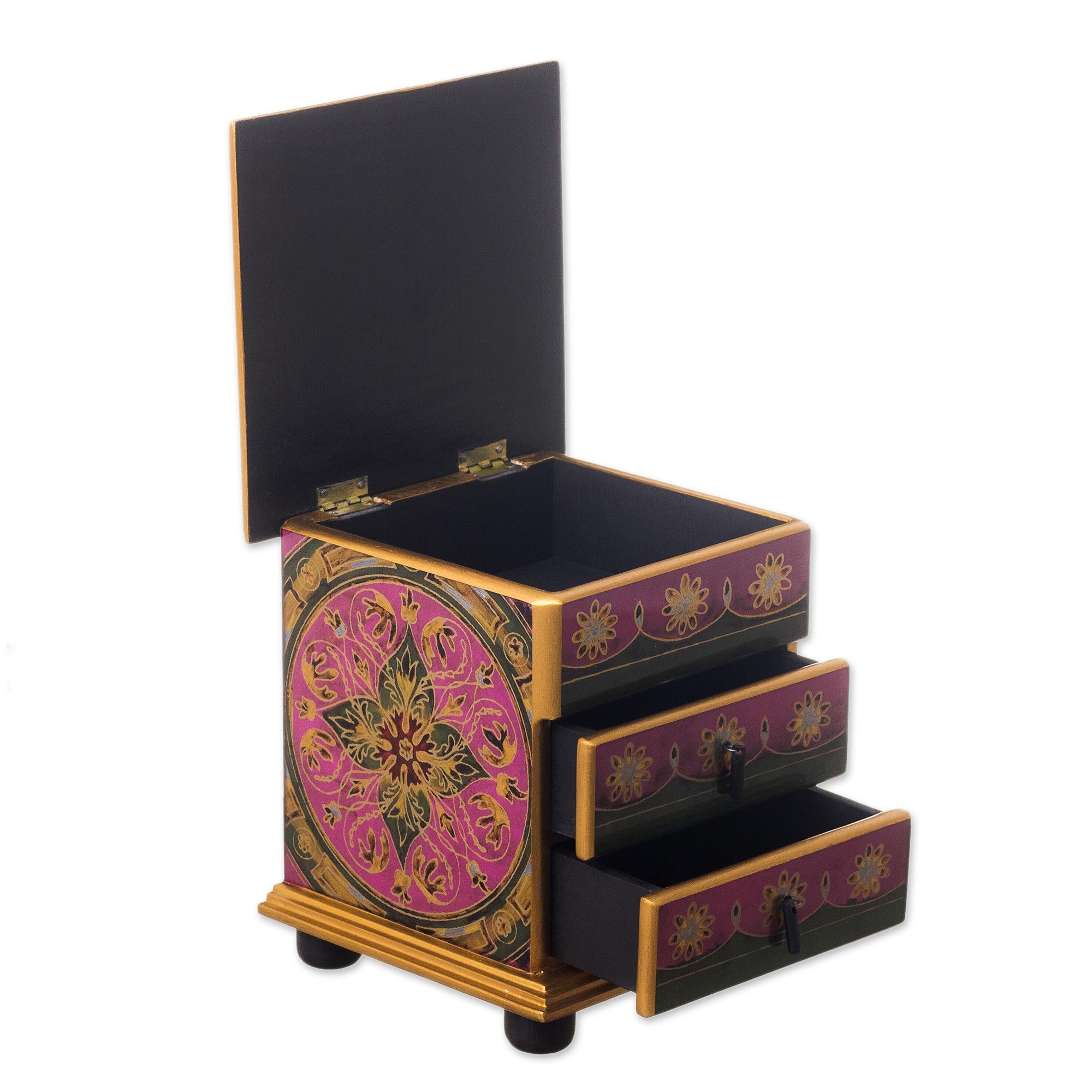 Premium Hand-Painted Floral Glass Jewelry Chest - Vintage Magenta Design