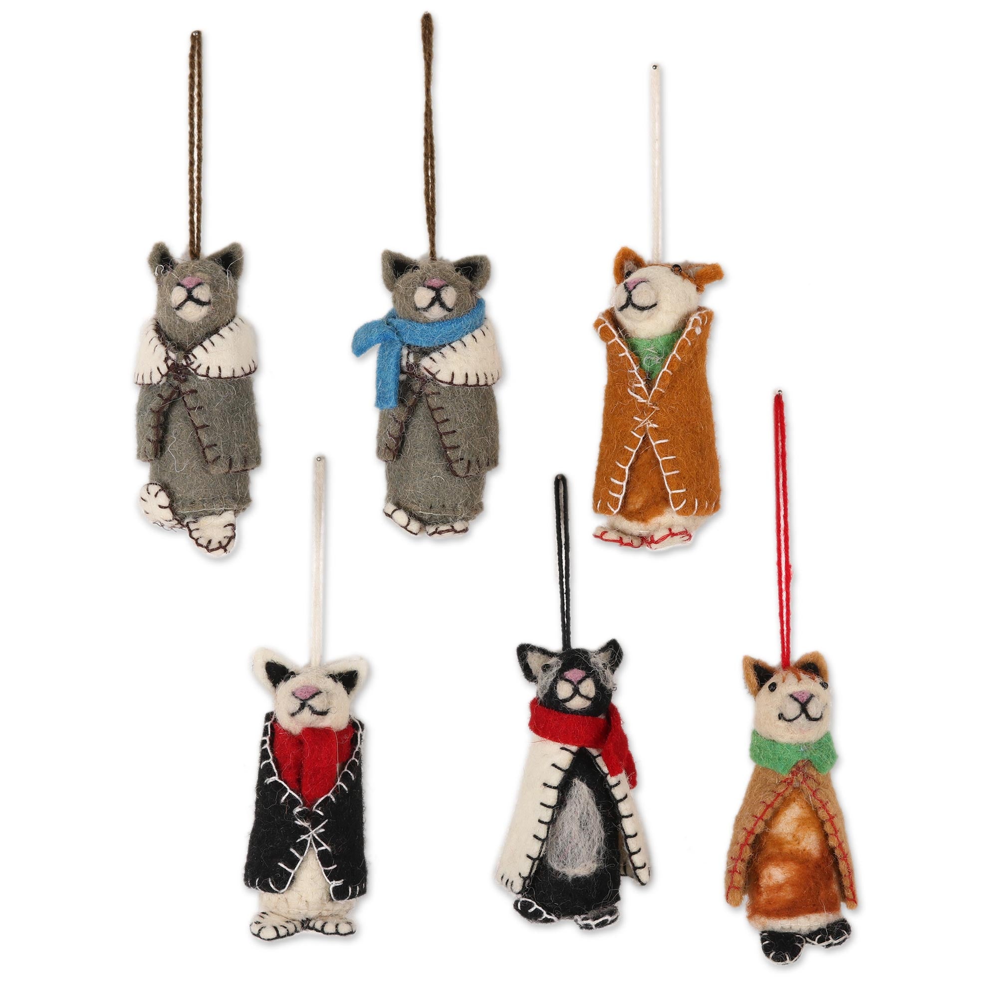 Premium Handcrafted Wool Cat Ornaments – Cozy Animal Set of 6 from India