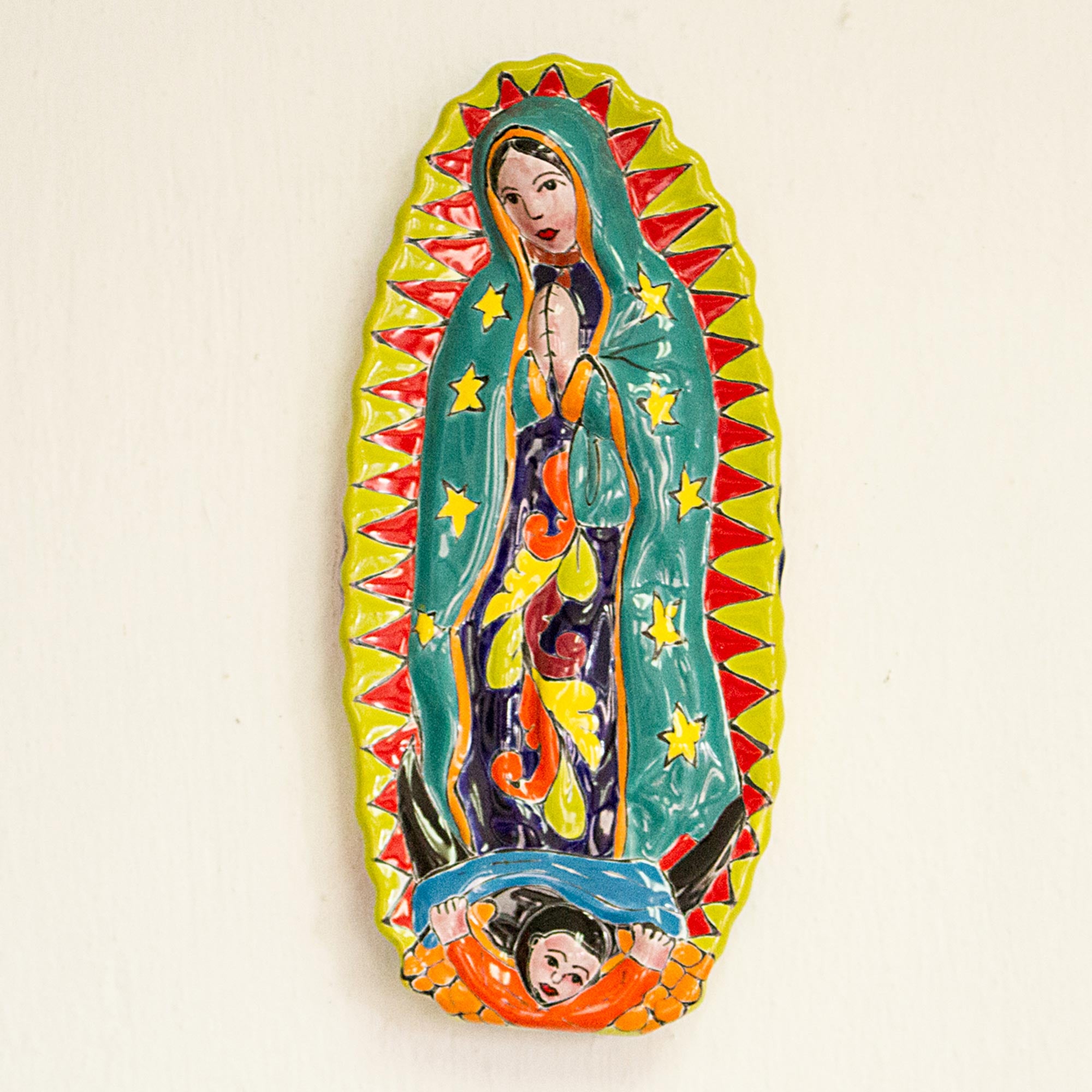 Premium Talavera Guadalupe Wall Sculpture - Handcrafted Green Mother Mary Ceramic Art