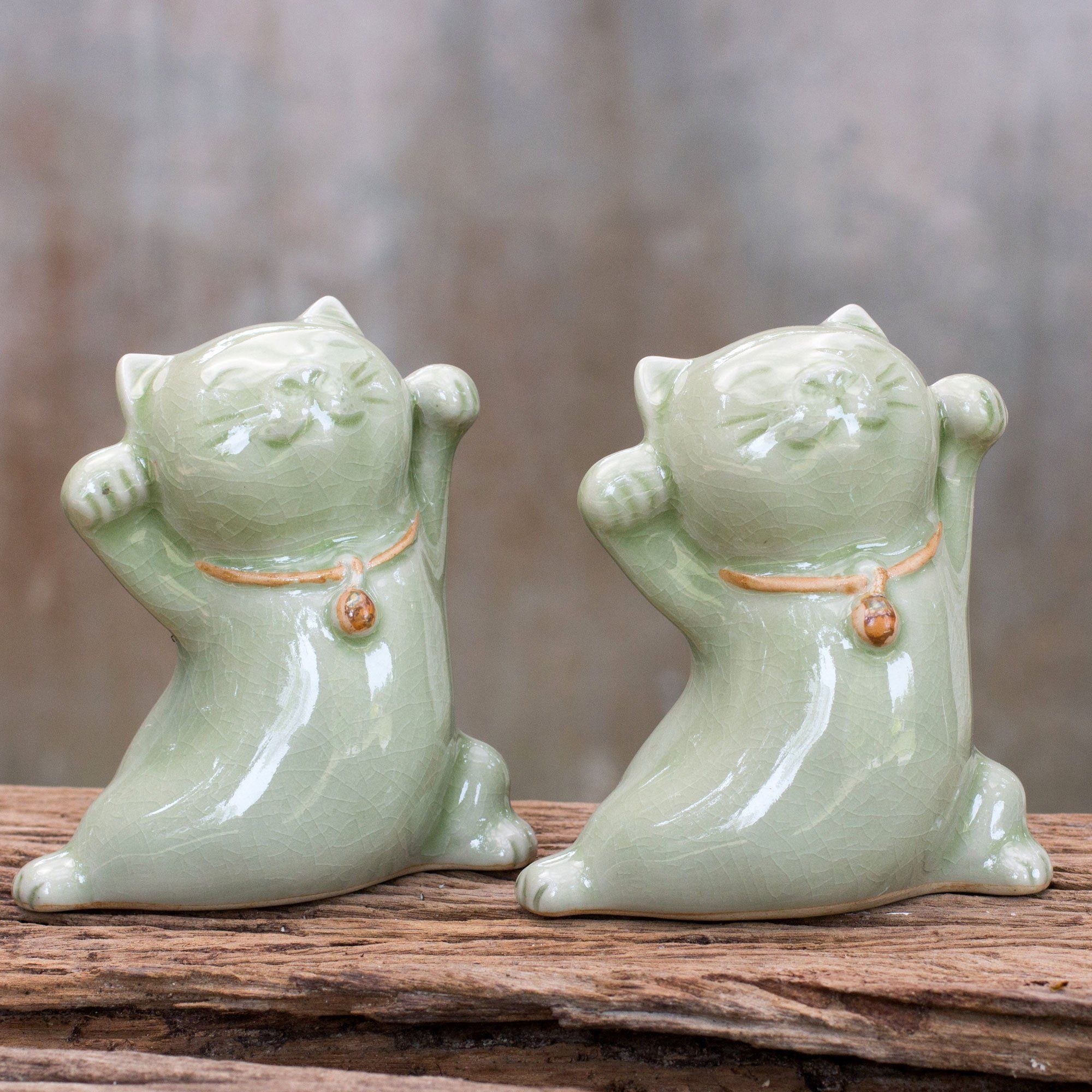 Premium Celadon Ceramic Maneki Neko Statues - Ultimate Good Fortune Duo