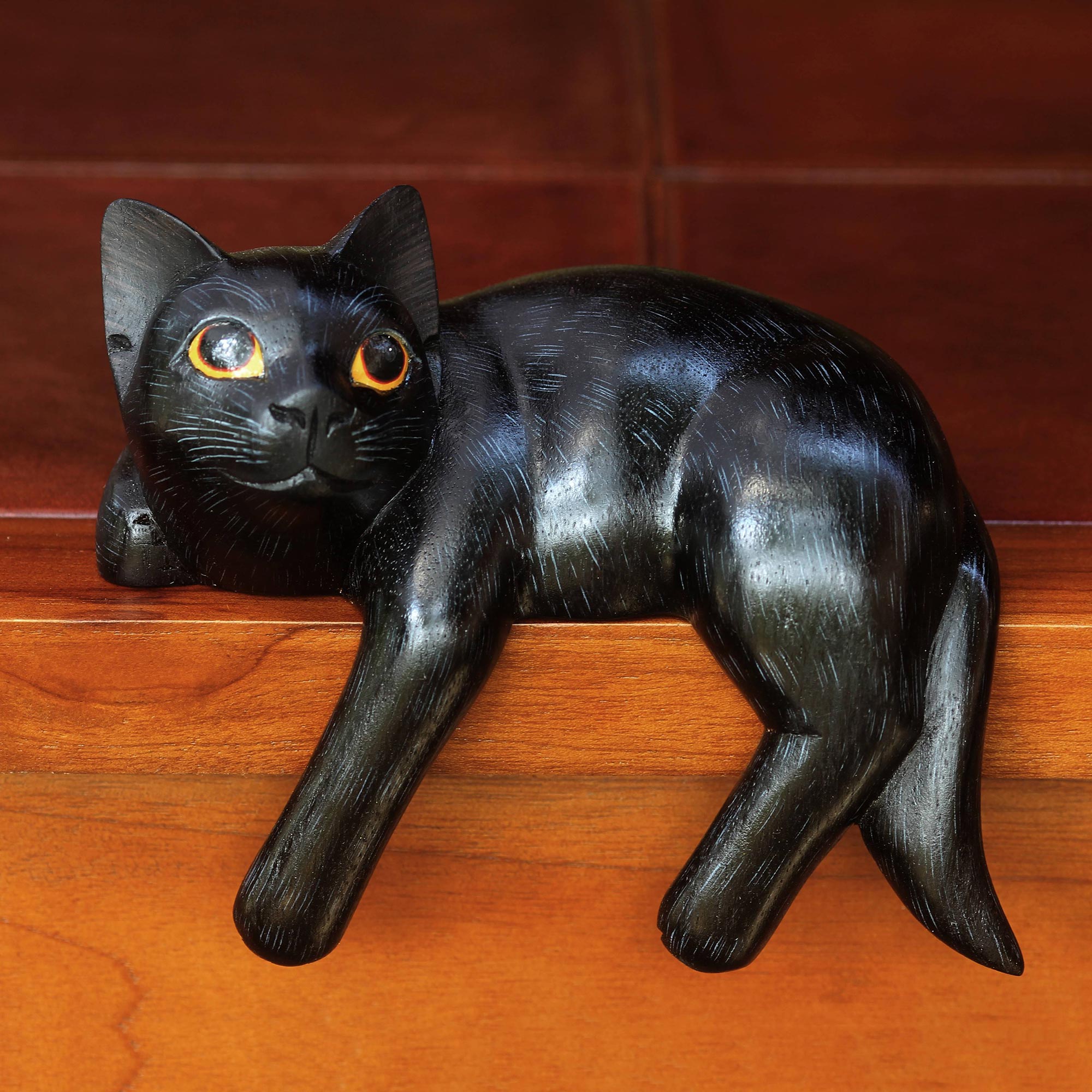 Premium Balinese Black Cat Sculpture - Handcrafted & Signed
