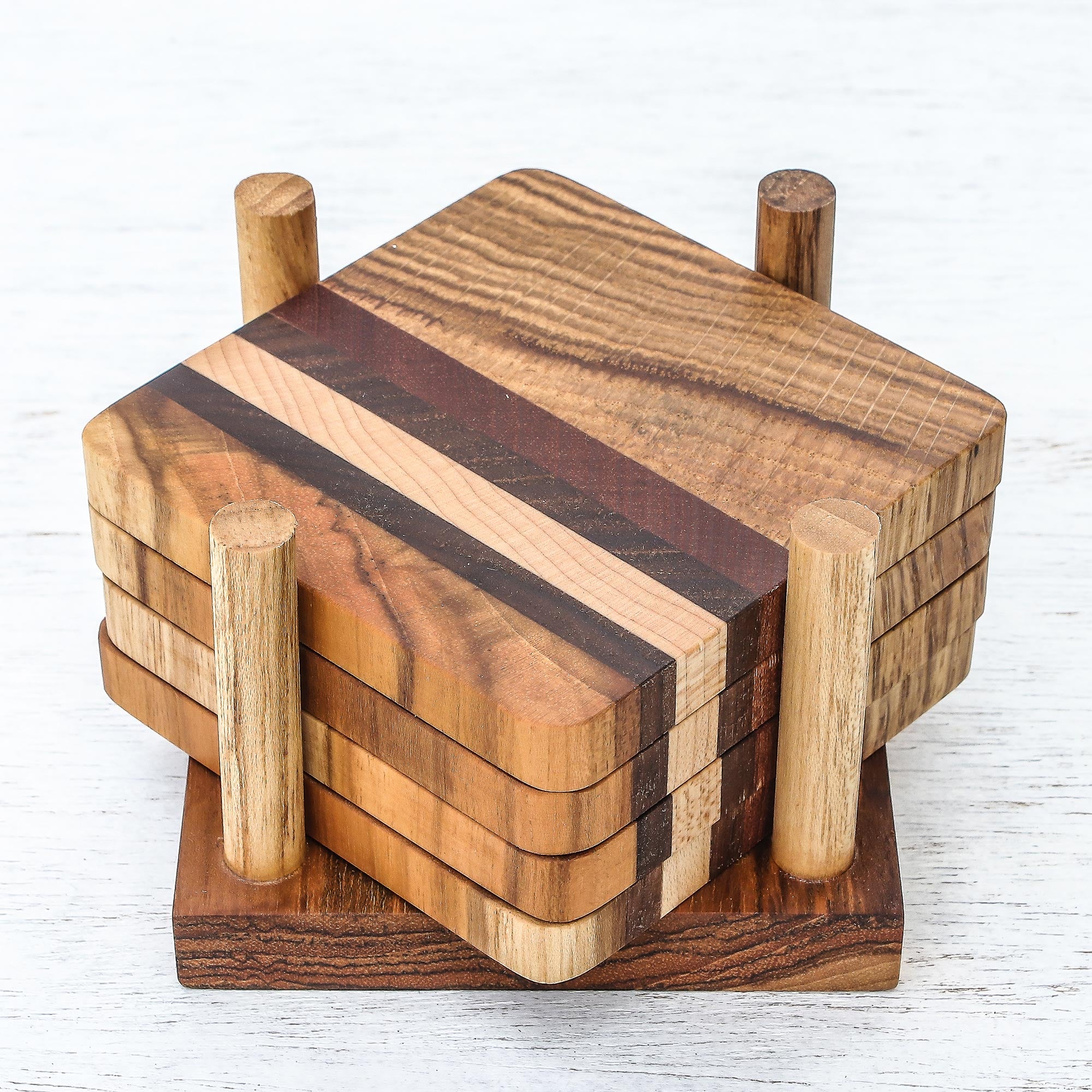 Premium Handcrafted Striped Wood Coasters Set of 4 - Natural Thai Design