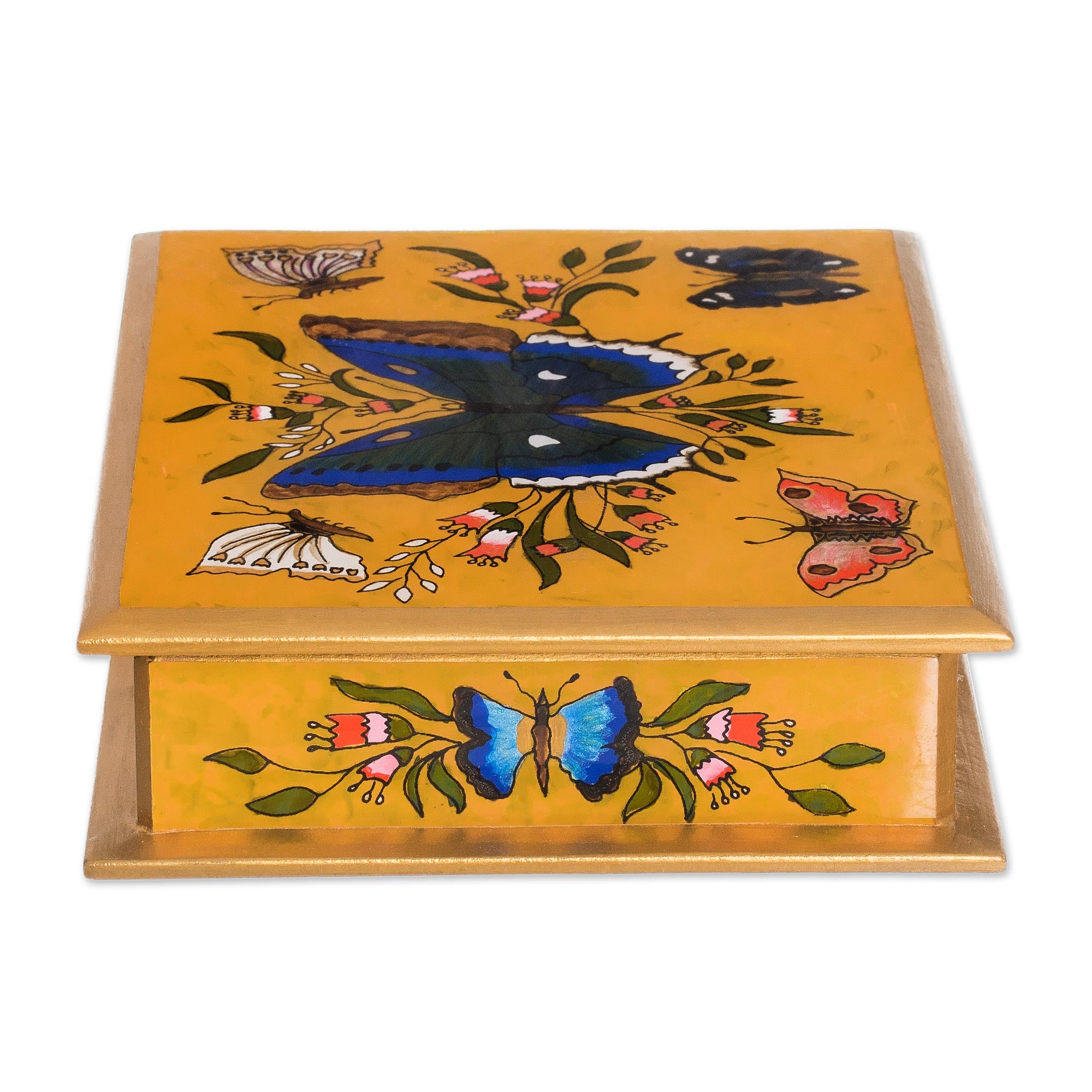 Premium Butterfly Reverse Painted Glass Jewelry Box - Handcrafted Wooden Treasure