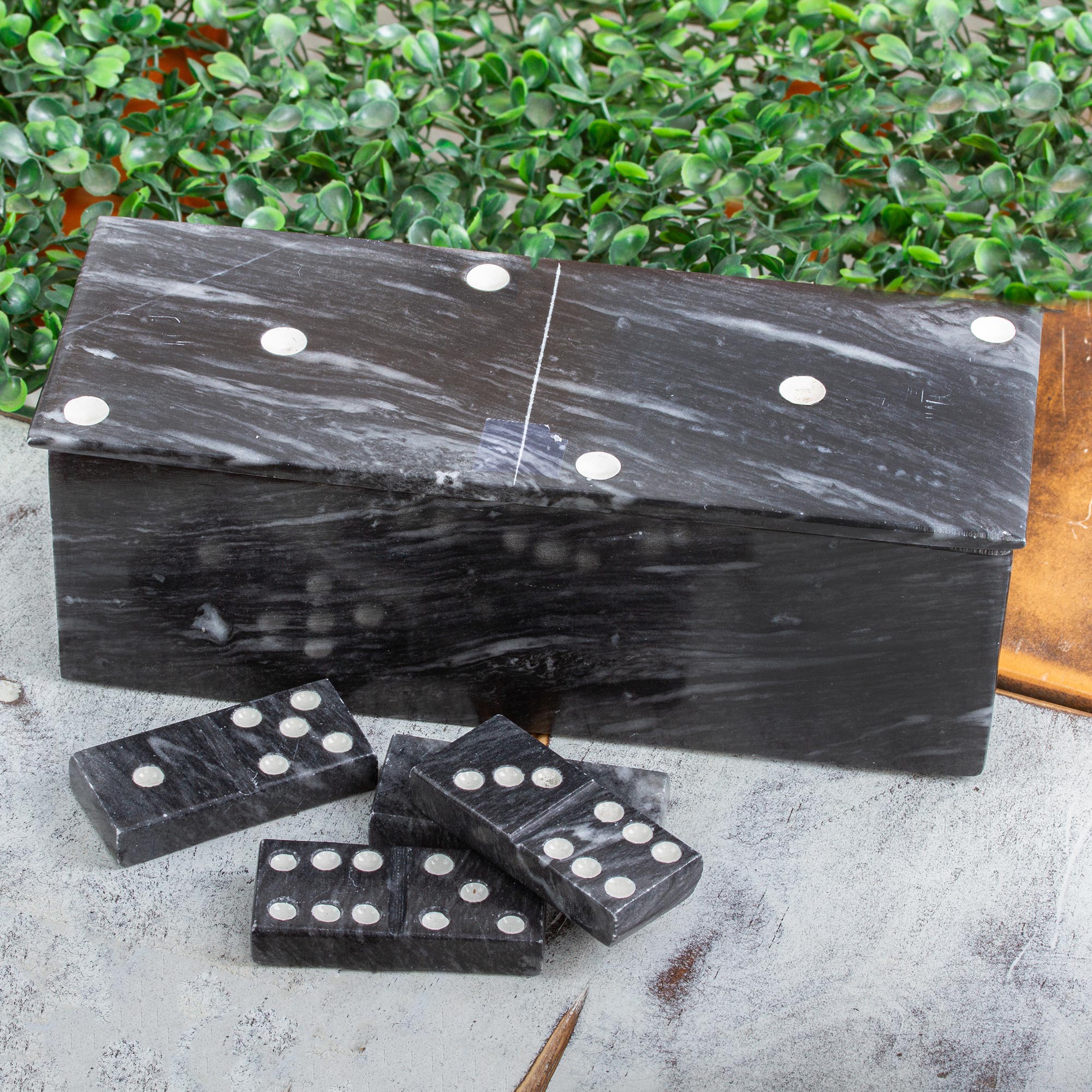 Premium Dark Grey Marble Domino Set with Elegant Storage Box (9 Inch)