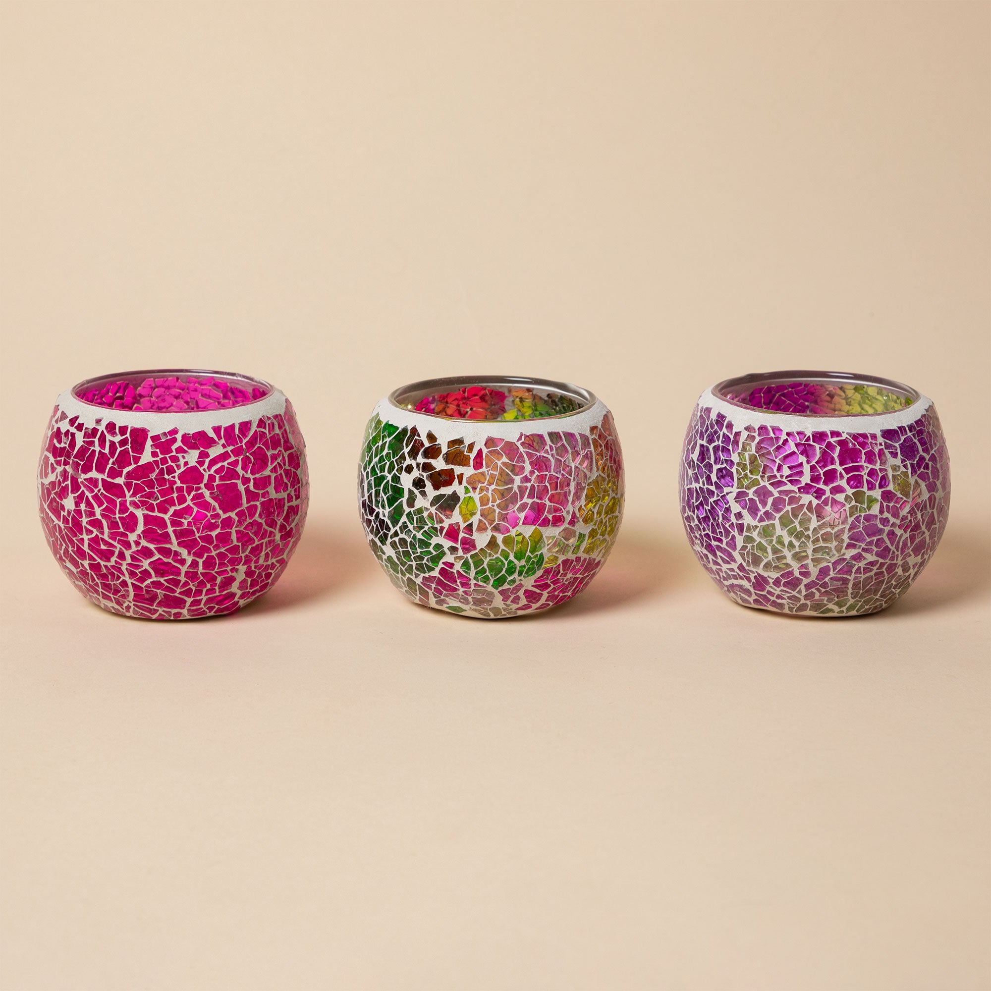 Premium Mosaic Glass Votive Holders - Set of 3