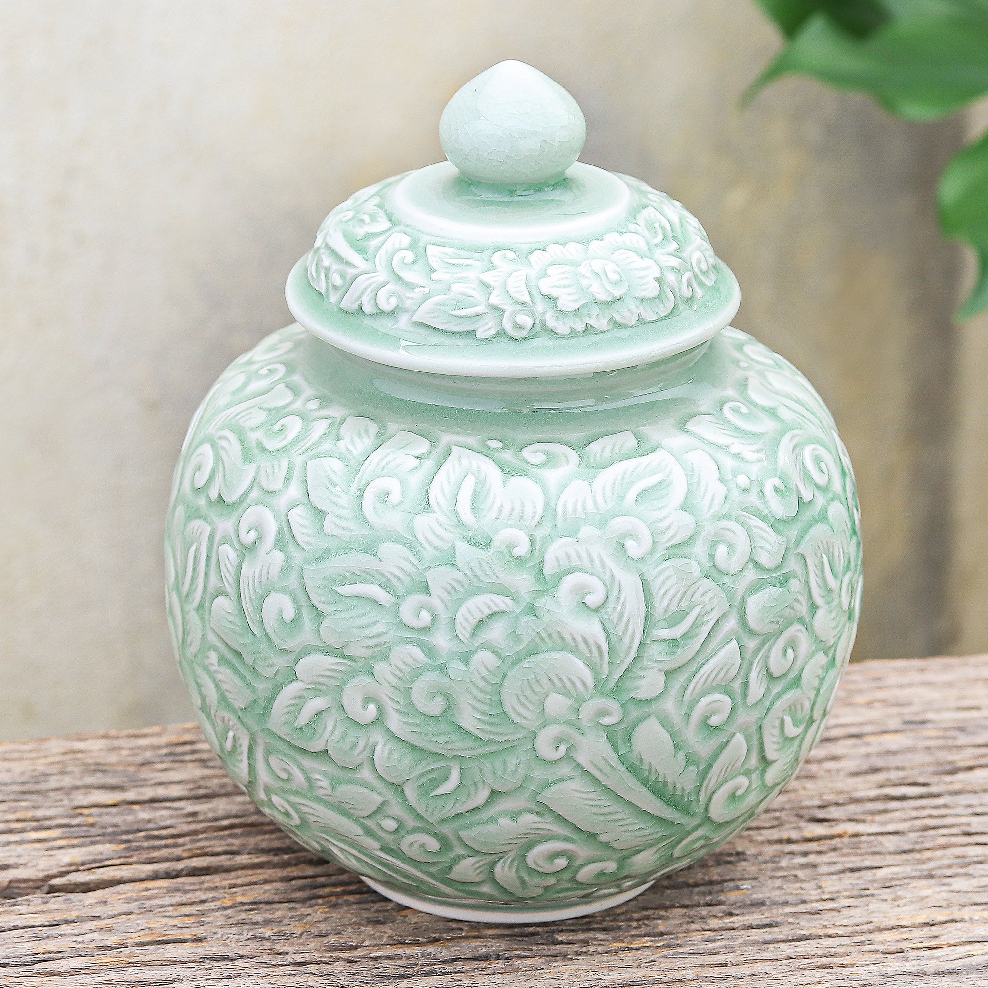 Premium Celadon Floral Ceramic Jar - Handcrafted Artisan Elegance