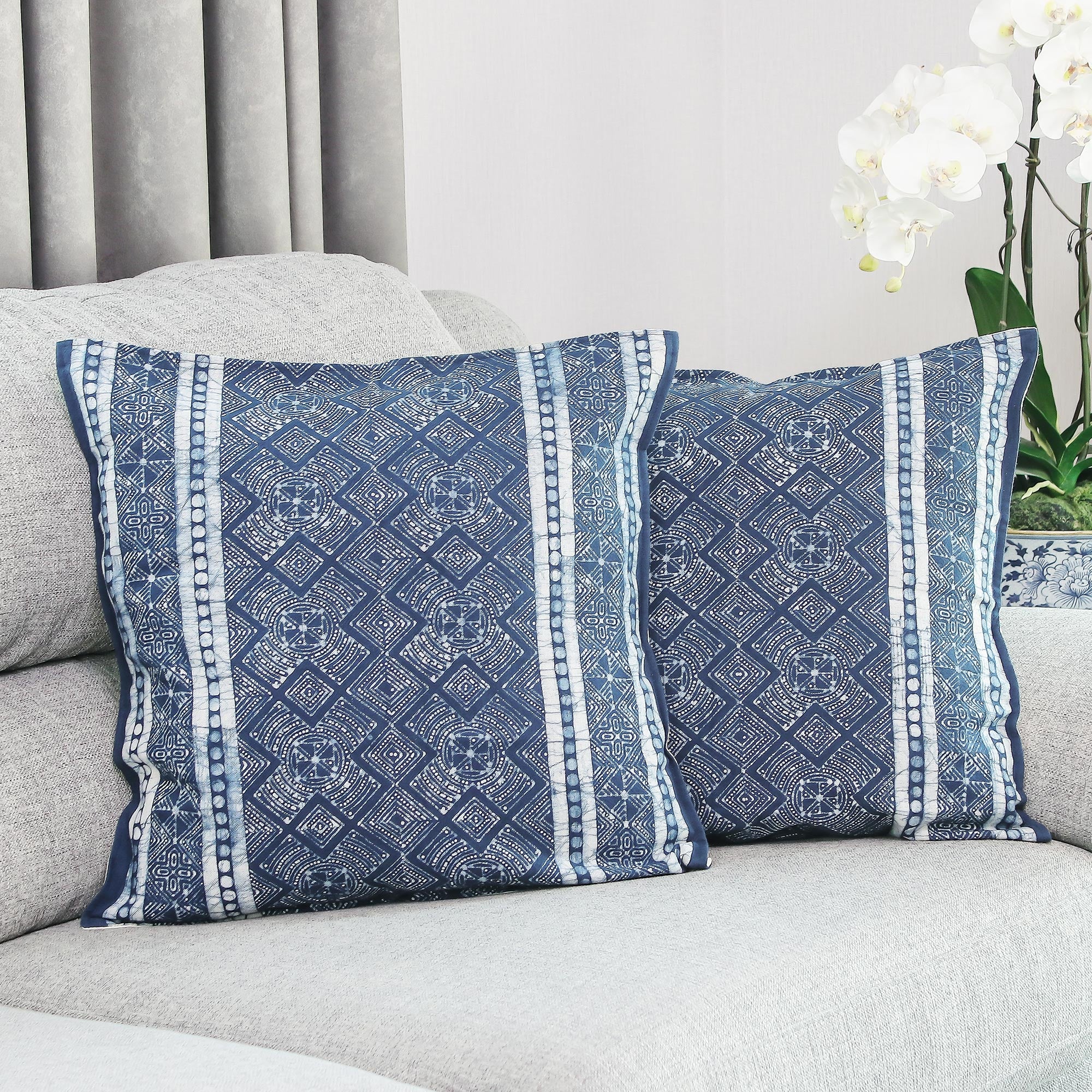 Premium Hmong Energy Thai Artisan Blue Batik Cotton Pillow Covers (Pair) - Handcrafted Home Decor