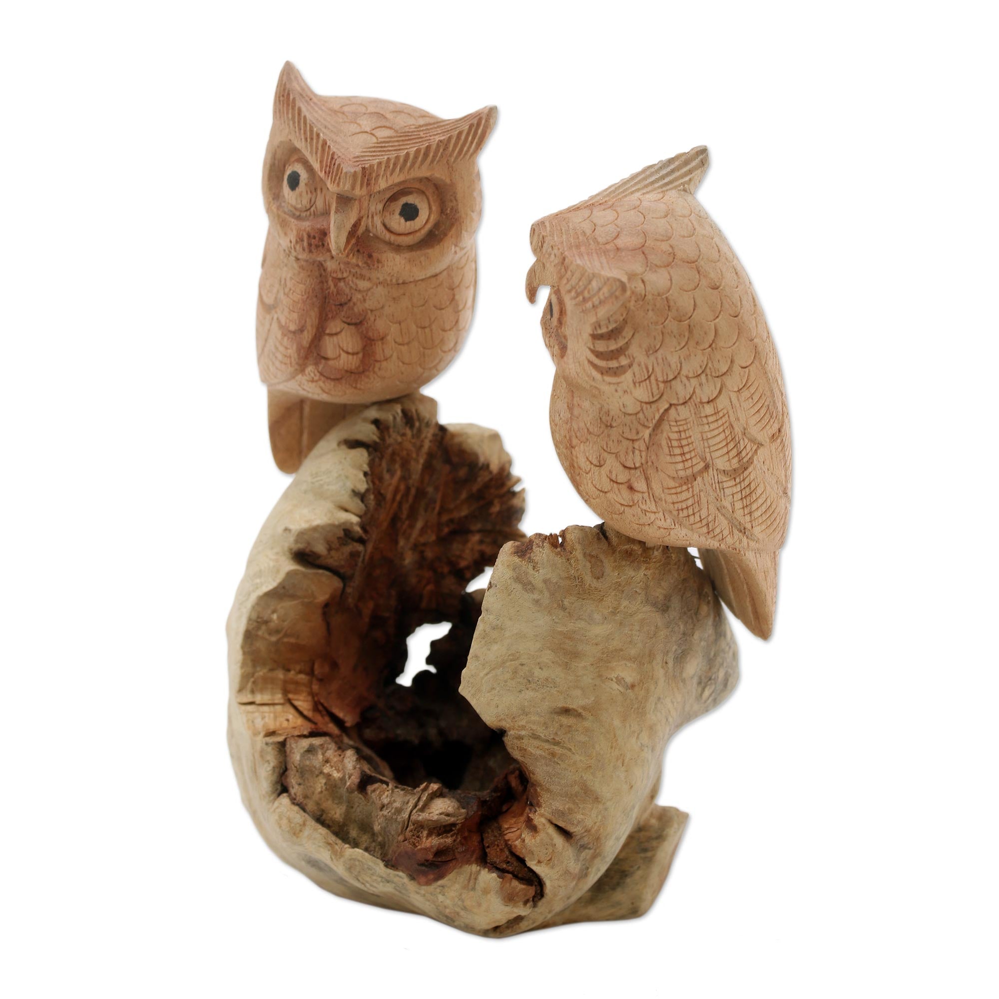 Premium Hand-Carved Owl Couple Sculpture in Natural Jempinis Wood