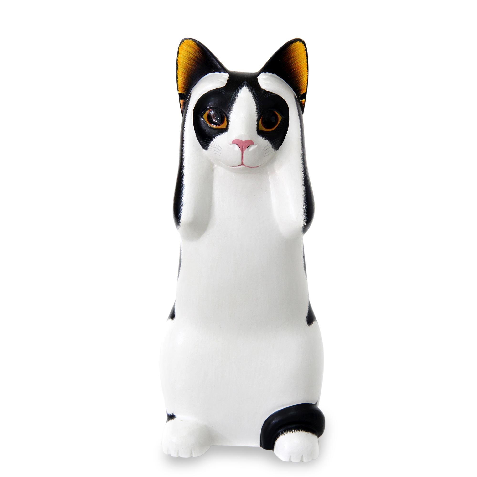 Premium Hand-Carved Albesia Wood Cat Sculpture - Hear No Evil