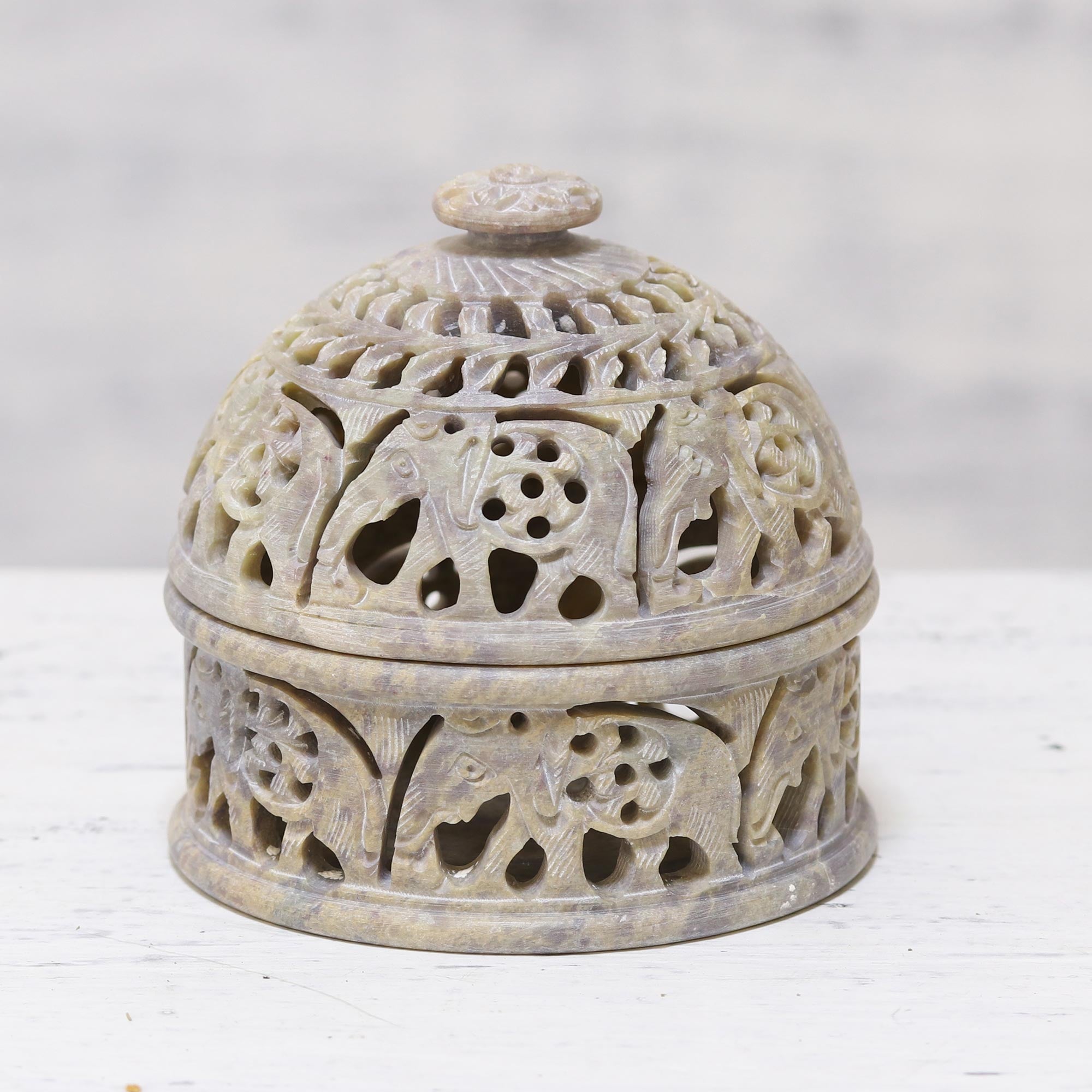 Premium Elephant-Themed Soapstone Decorative Jar - Handcrafted in India