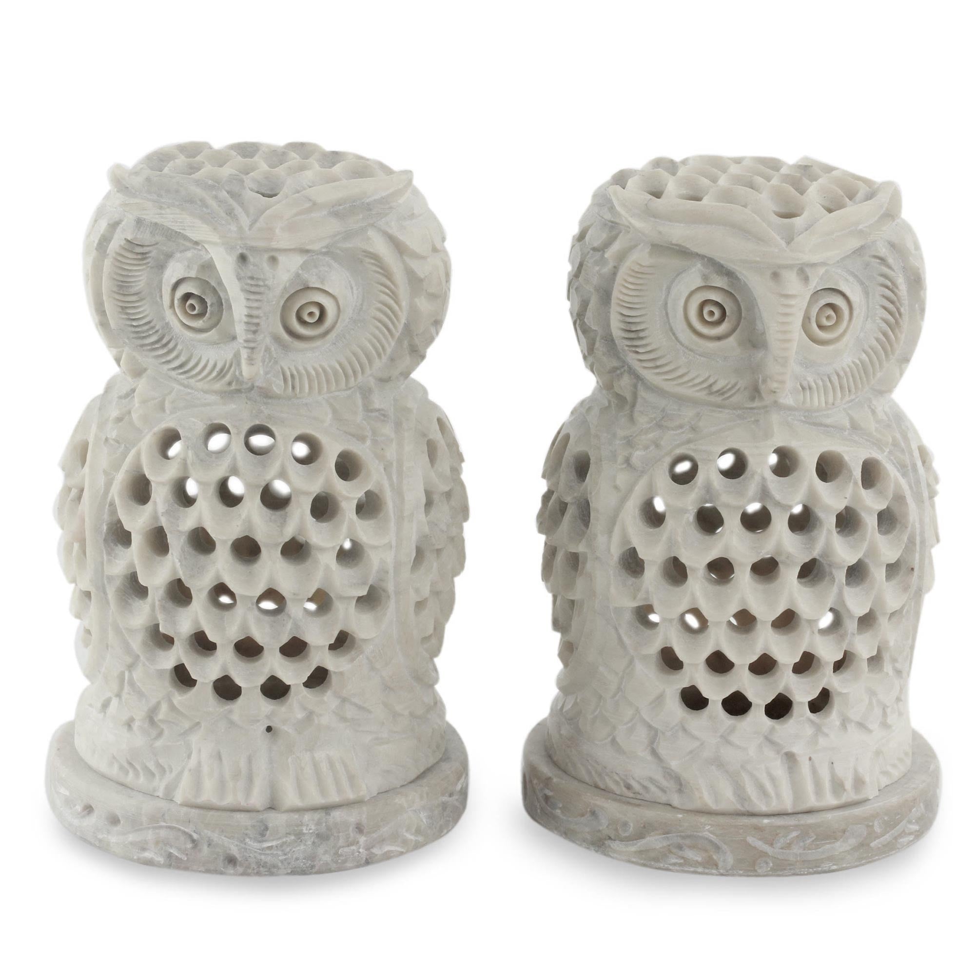 Premium Handcrafted Soapstone Owl Candleholders - Set of 2