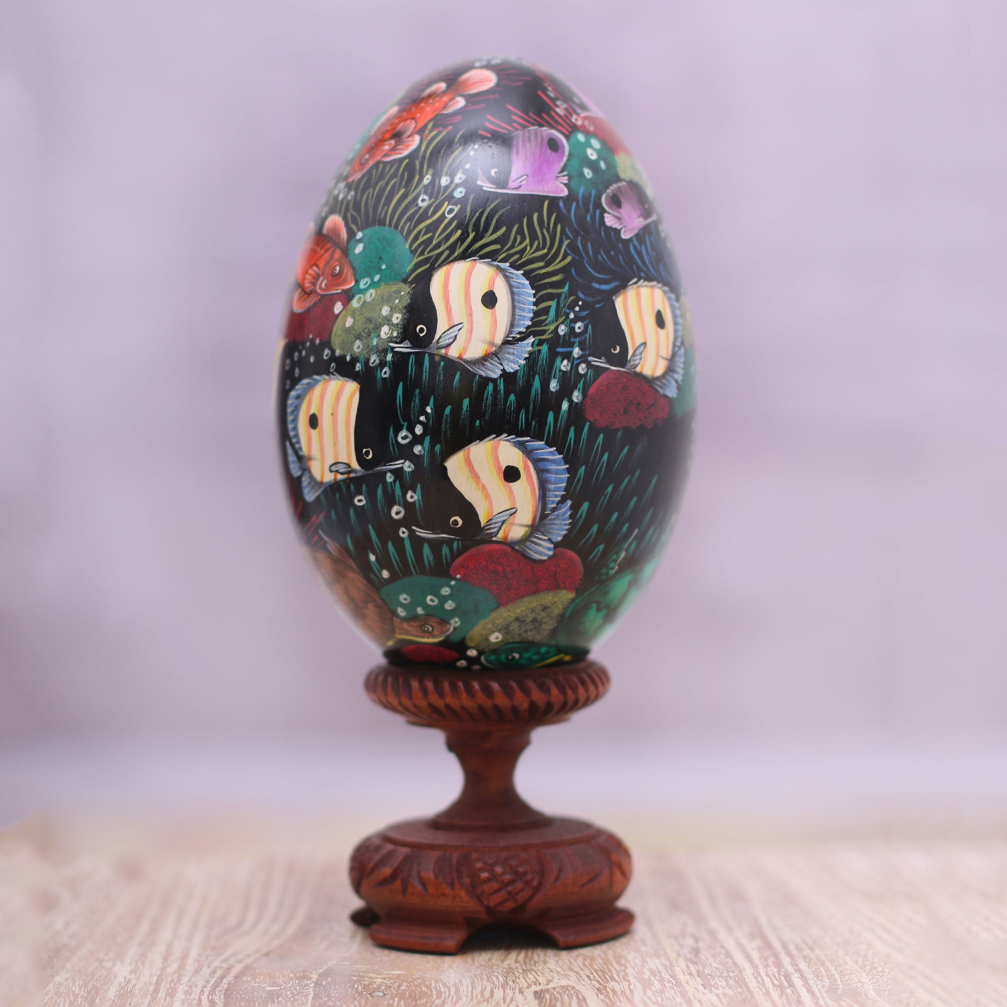 Premium Hand-Painted Reef Fish Wooden Egg Statuette – Bali Artisan Crafted