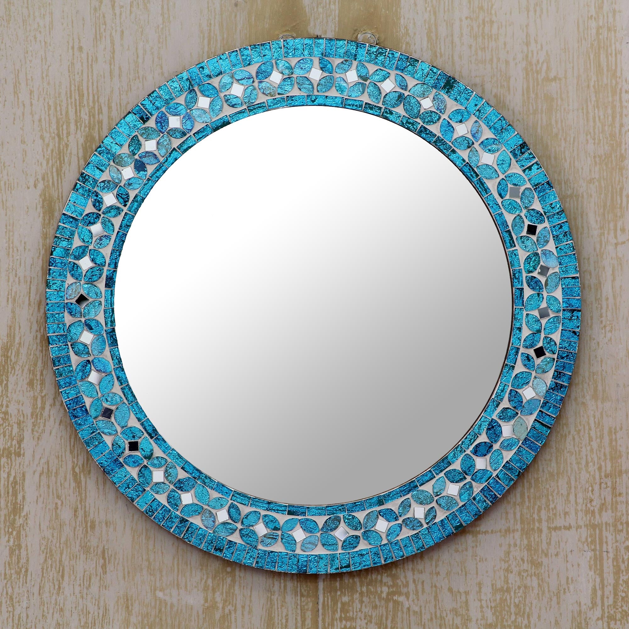Premium Turquoise Blossom Mosaic Mirror - Handcrafted Floral Design