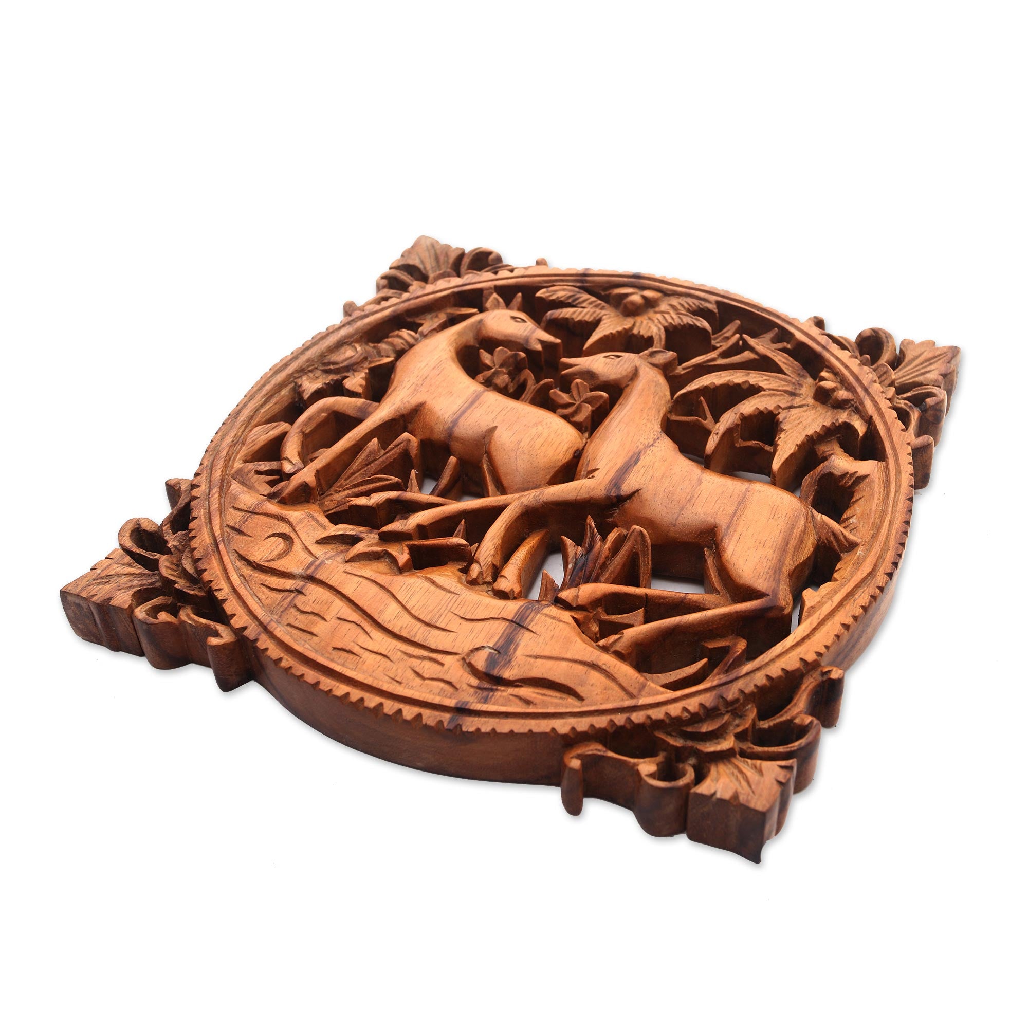 Premium Deer Romance Hand-Carved Suar Wood Relief Panel - Bali Artisan Wall Decor