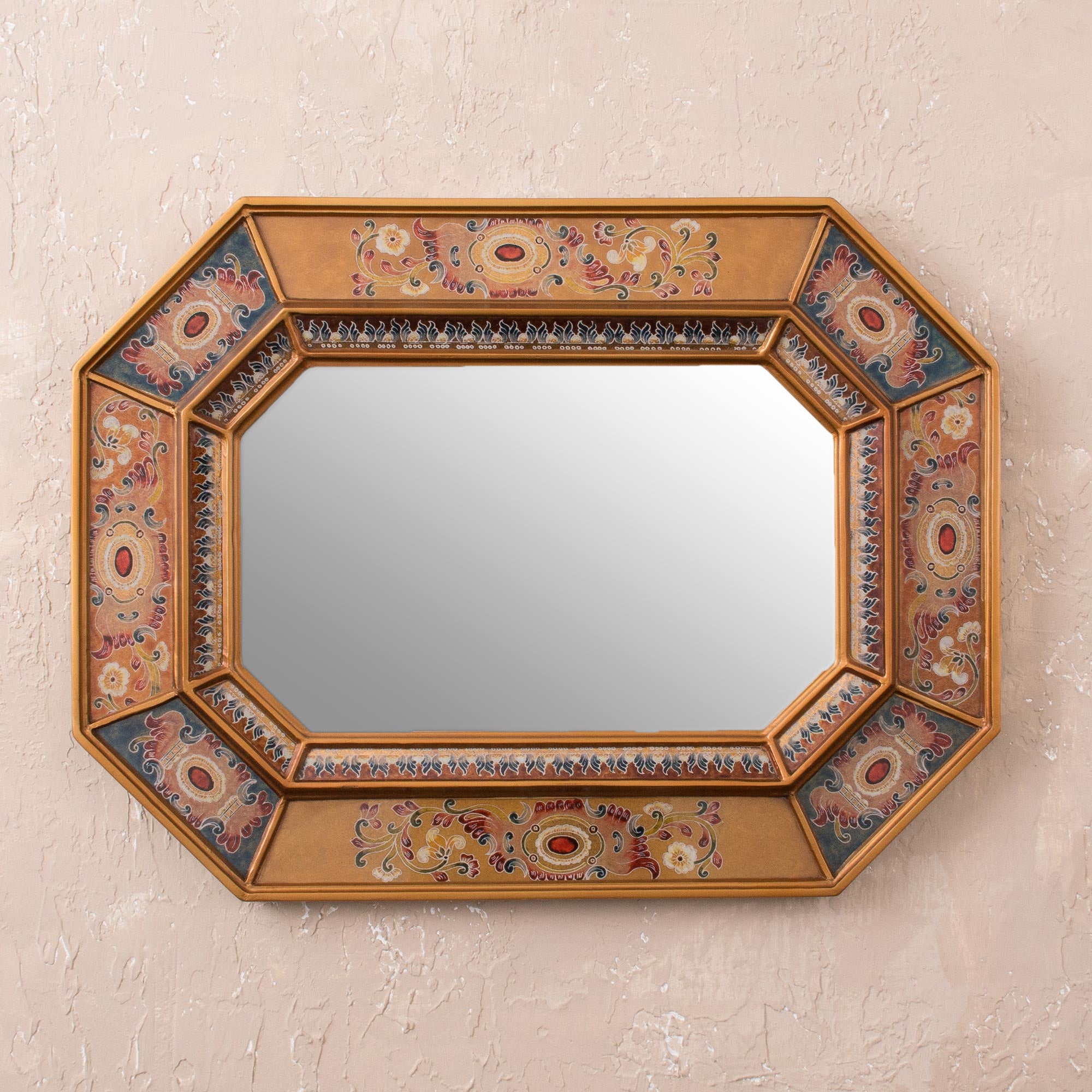 Premium Colonial Majesty Floral Reverse-Painted Glass Wall Mirror – Handcrafted in Peru
