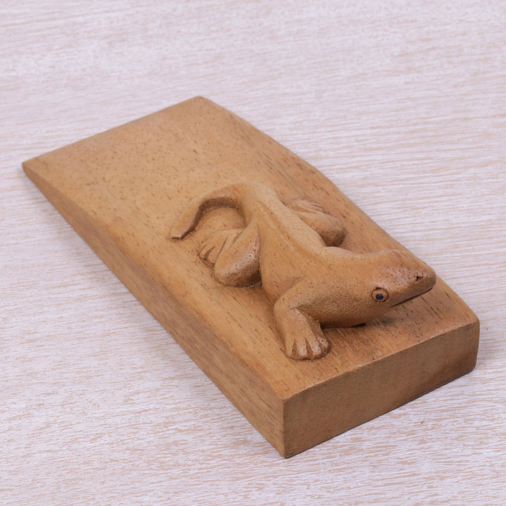 Premium Hand-Carved Suar Wood Gecko Door Stopper - Natural Brown Finish