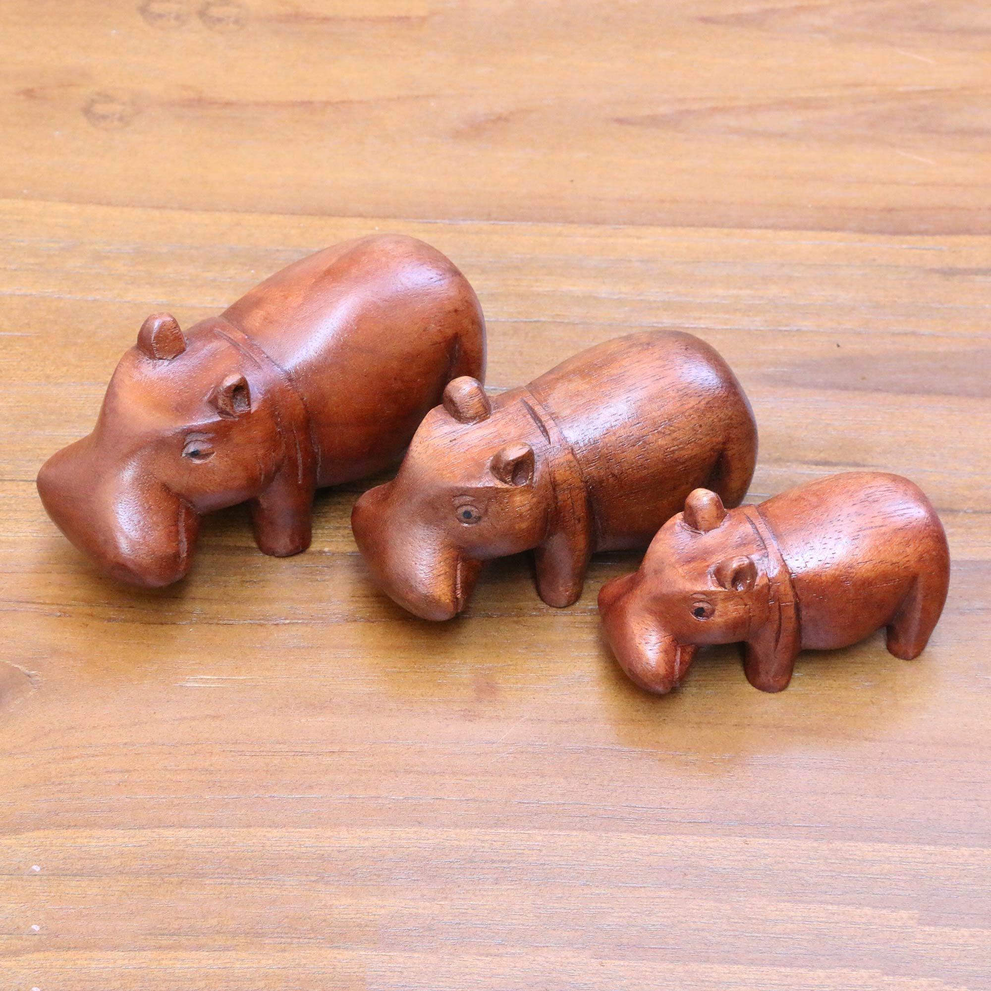 Premium Handcrafted Hippo Sculpture Trio – Natural Suar Wood Artisan Set