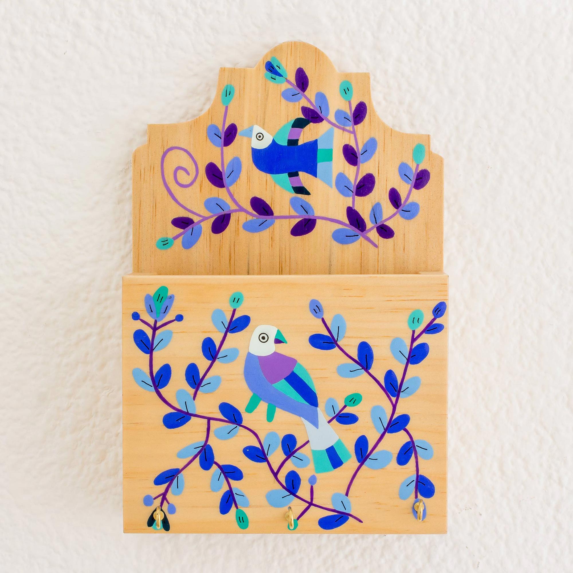 Premium Pinewood Letter & Key Holder with Hand-Painted Blue & Purple Birds