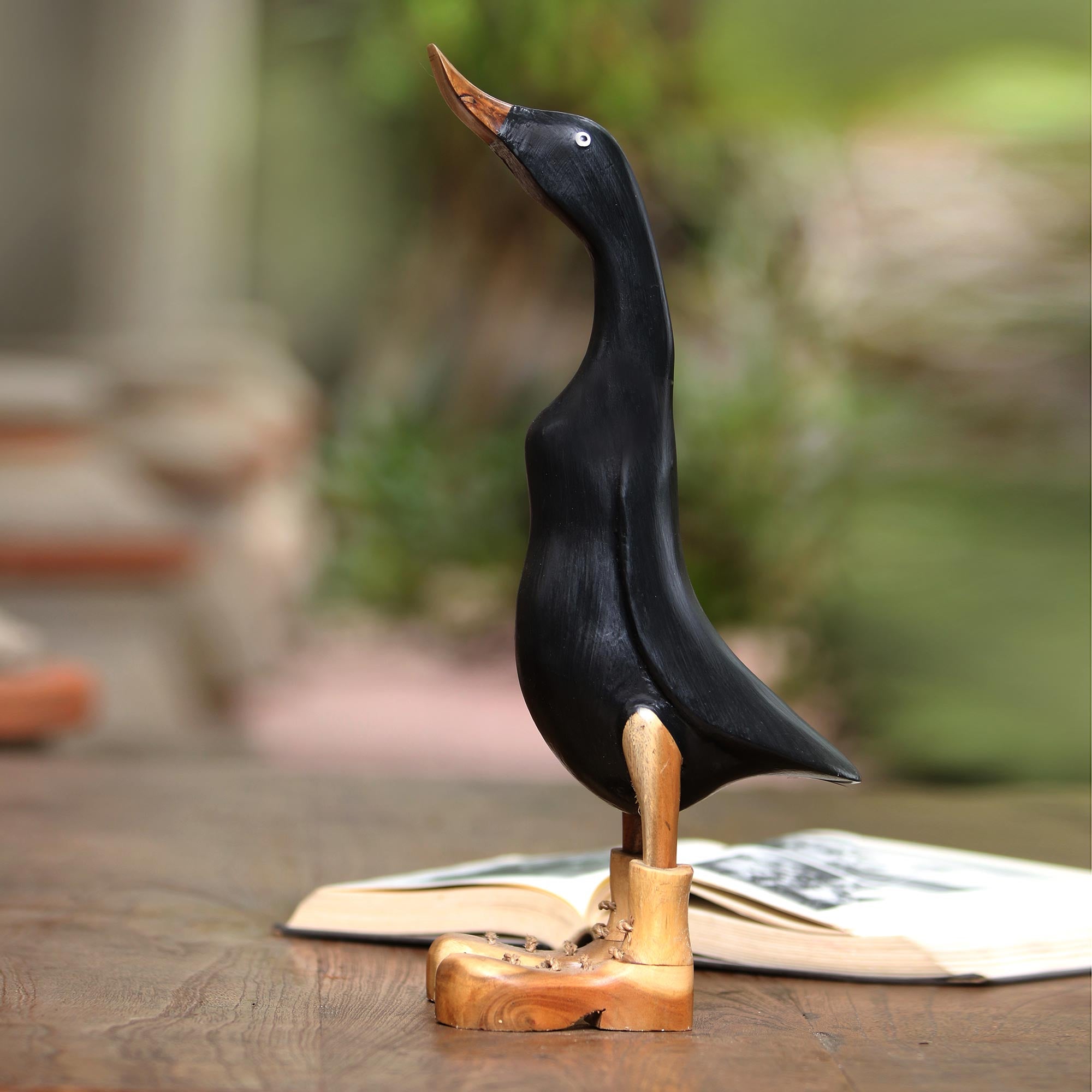 Premium Black Acacia & Bamboo Root Duck Sculpture from Bali - Handcrafted Art Piece