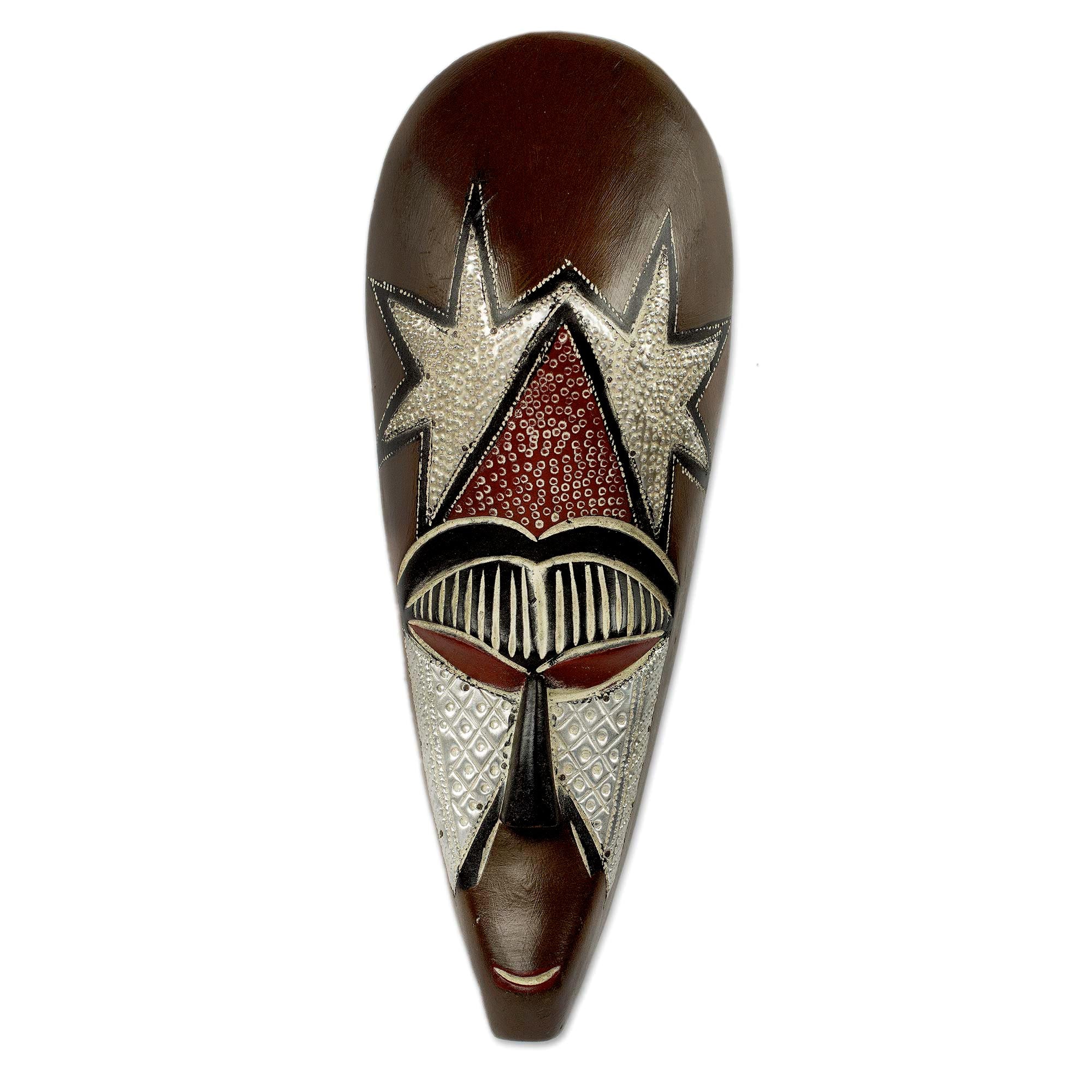Premium Hand-Carved African Star Mask with Aluminum Accents