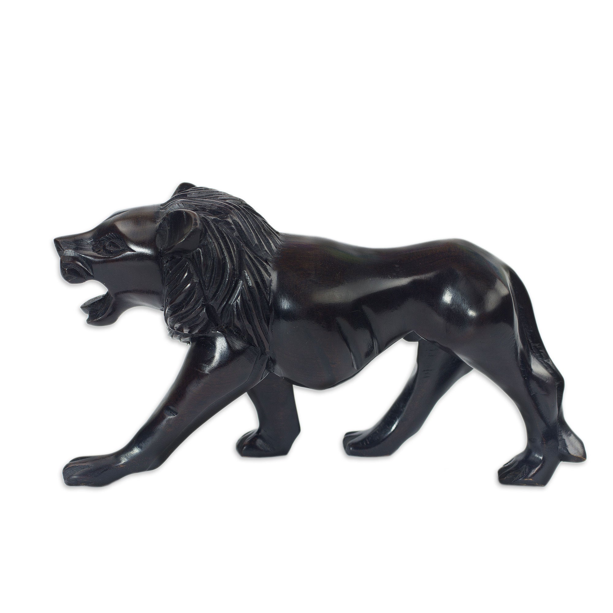 Premium Lion Prowl Sculpture - Handcrafted African Ebony Wood Art