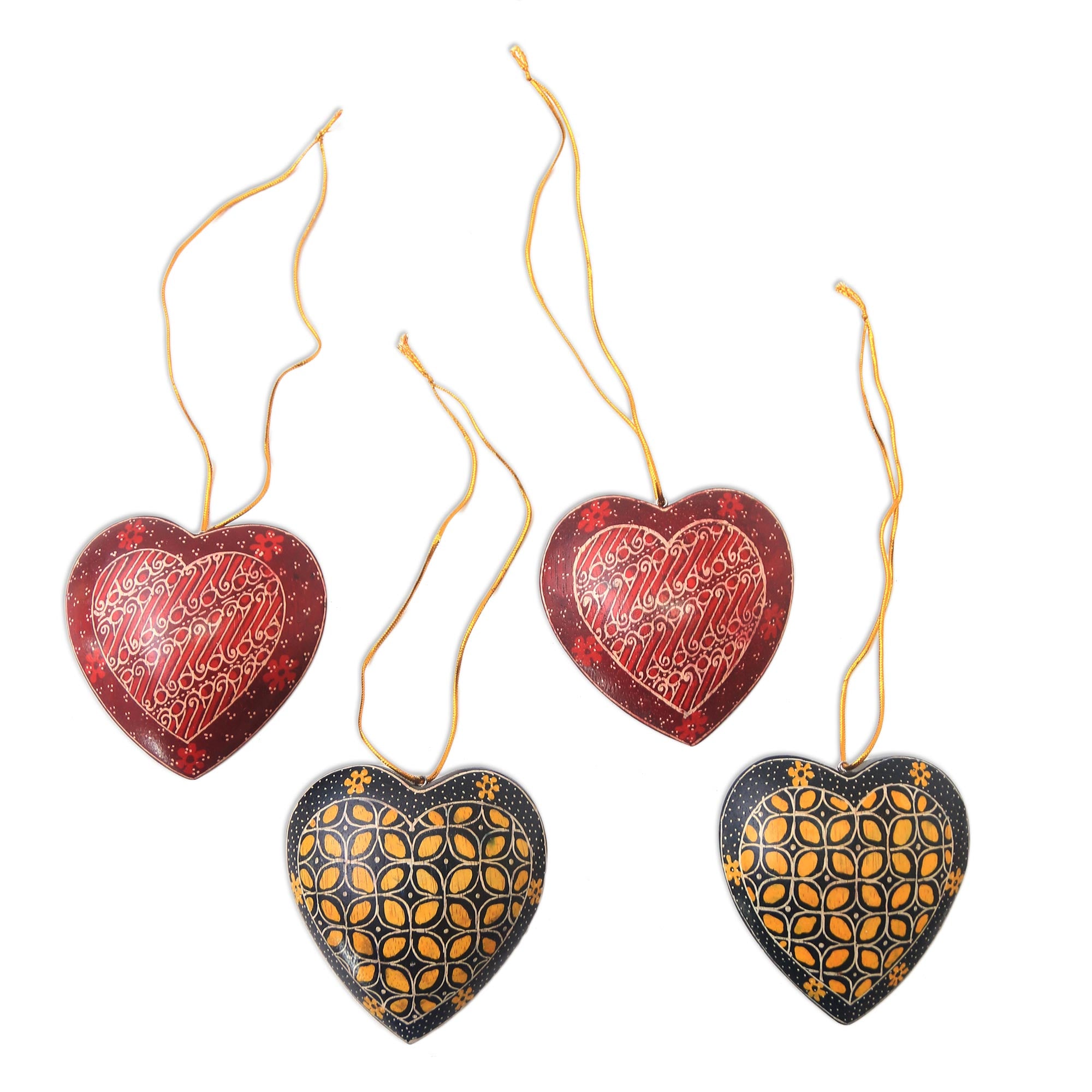 Premium Handcrafted Batik Wood Heart Ornaments - Set of 4, Traditional Java Design
