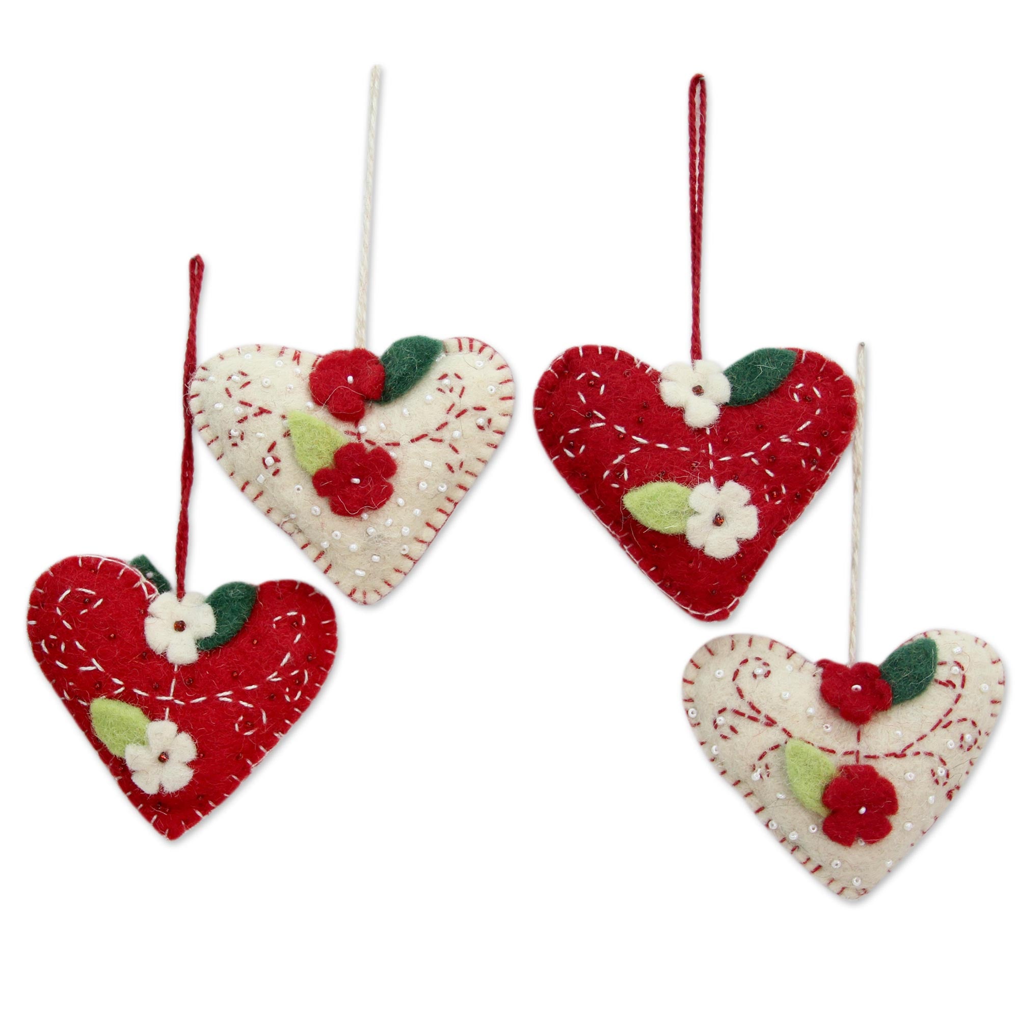 Premium Handcrafted Felt Heart Ornaments - Red & Ivory Set of 4