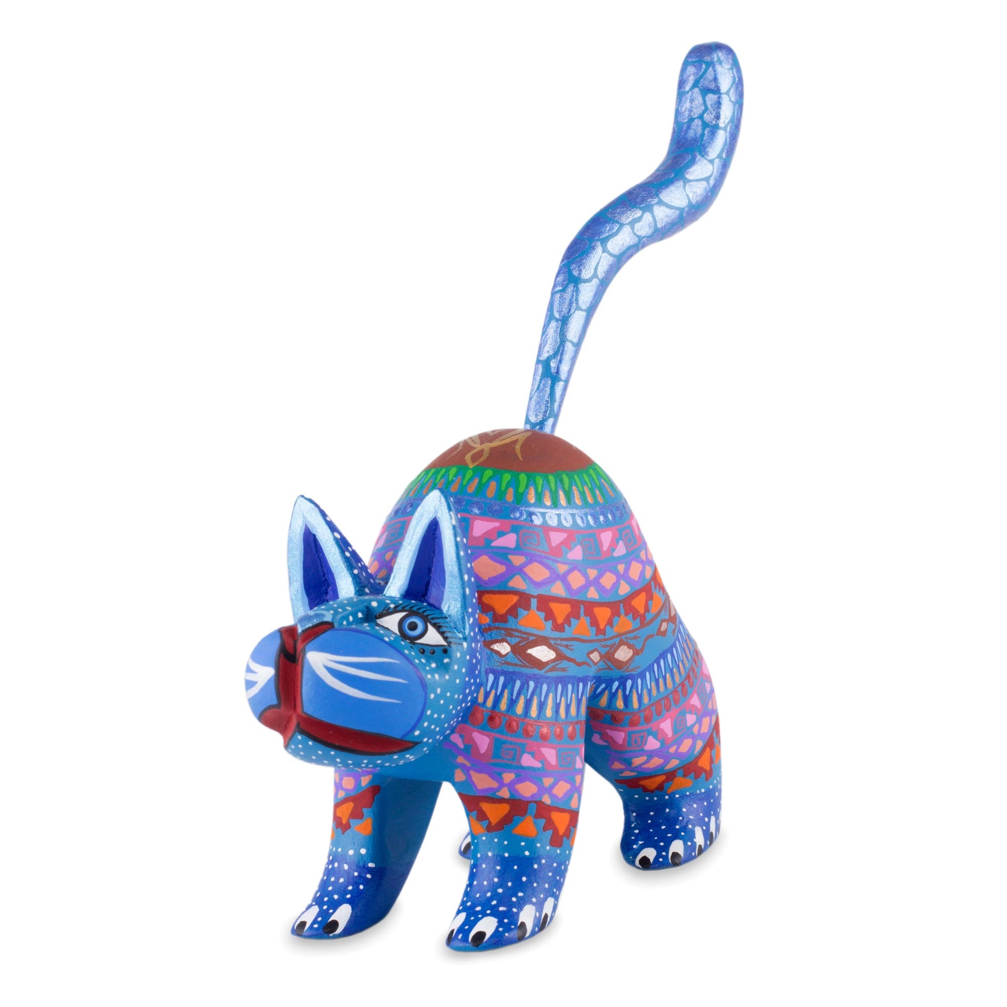 Premium Handcrafted Blue Cat Alebrije Sculpture - Mexican Folk Art