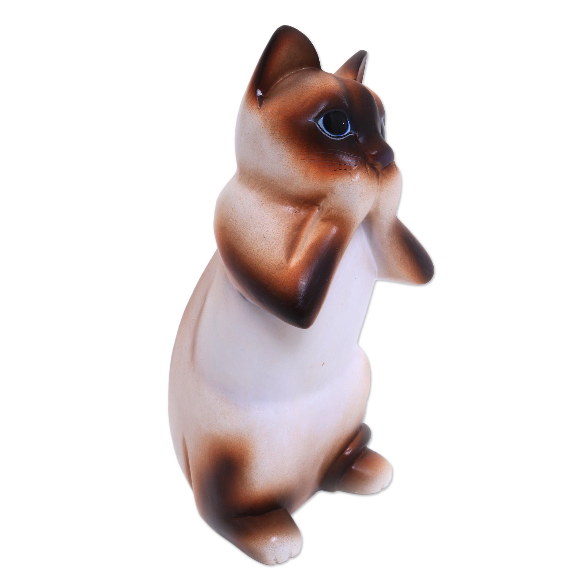 Premium Hand-Carved Siamese Cat Sculpture - Speak No Evil Design