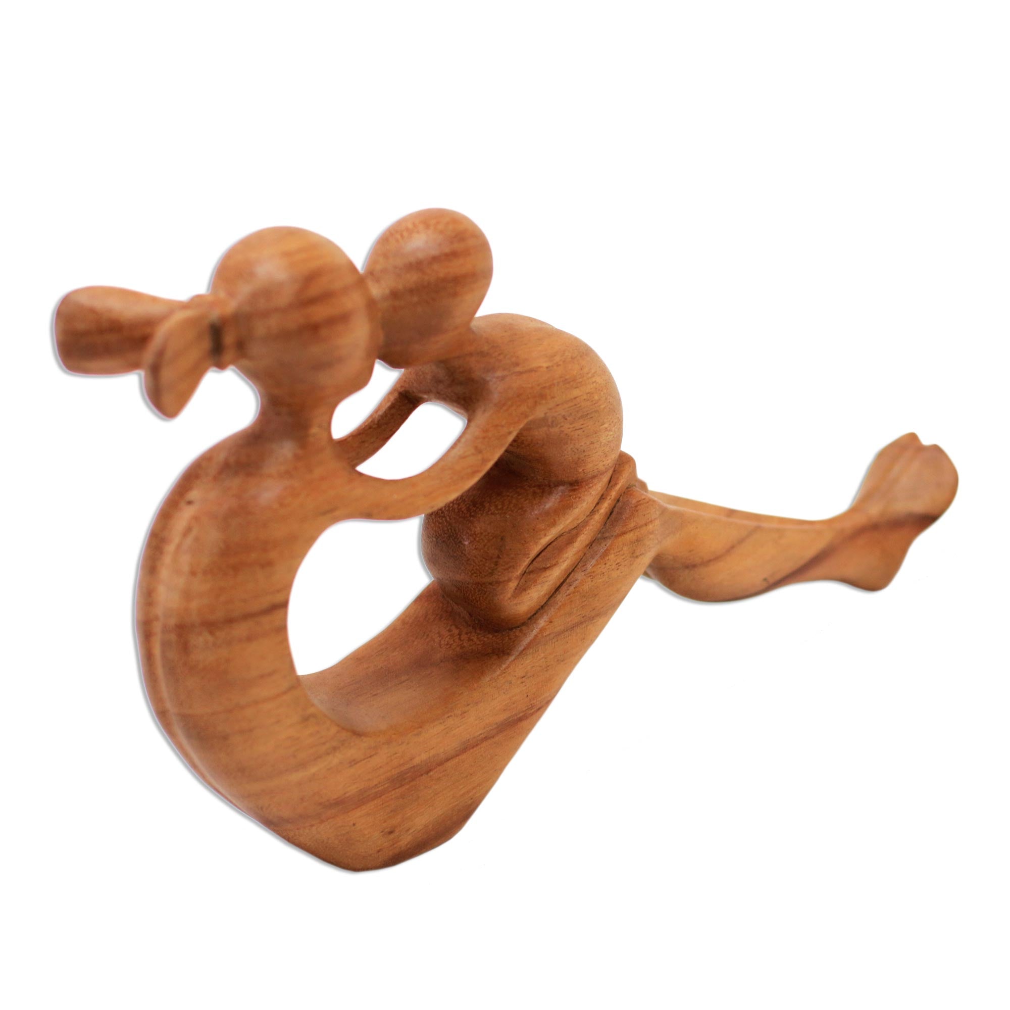 Premium Hand-Carved Mother & Child Suar Wood Sculpture - Natural Grain, Signed by Balinese Artist