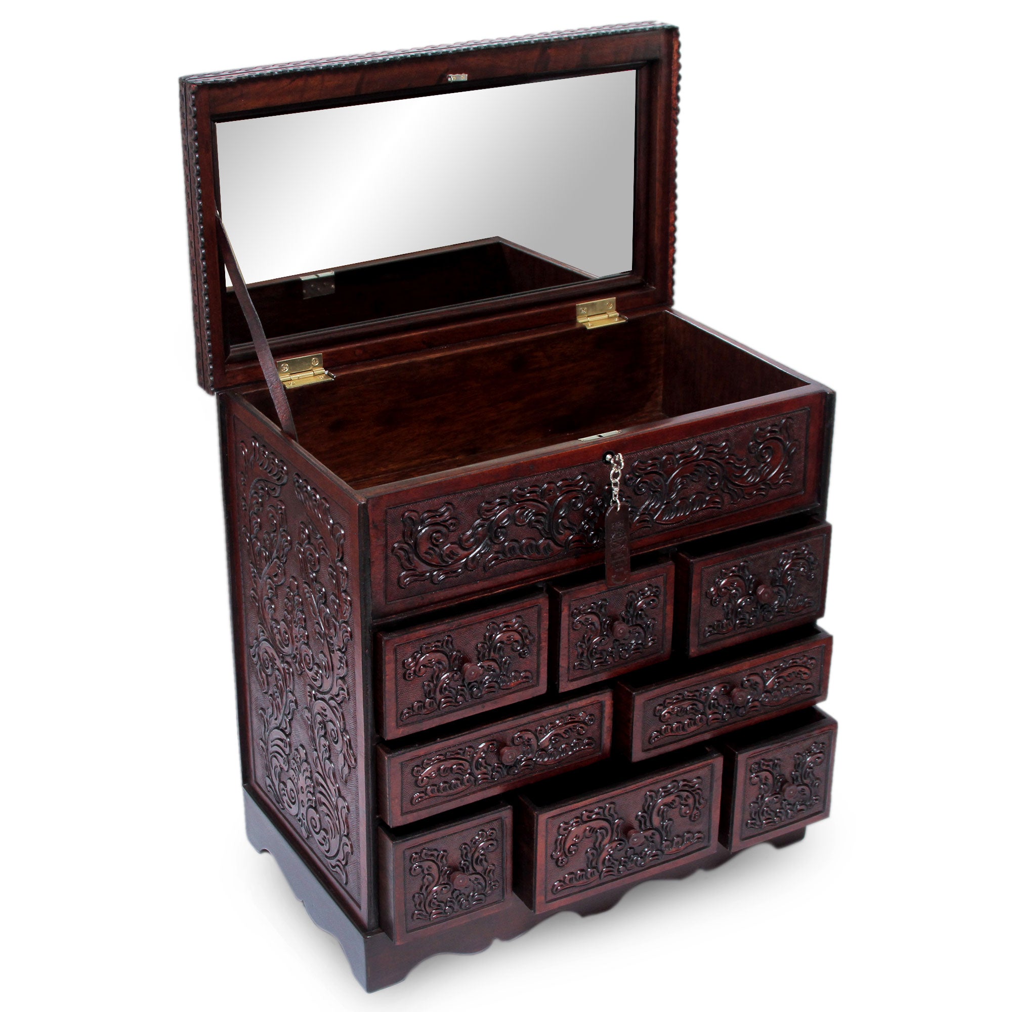 Premium Handcrafted Leather Jewelry Box with Mirror – Travel Chest Inspired by Peru
