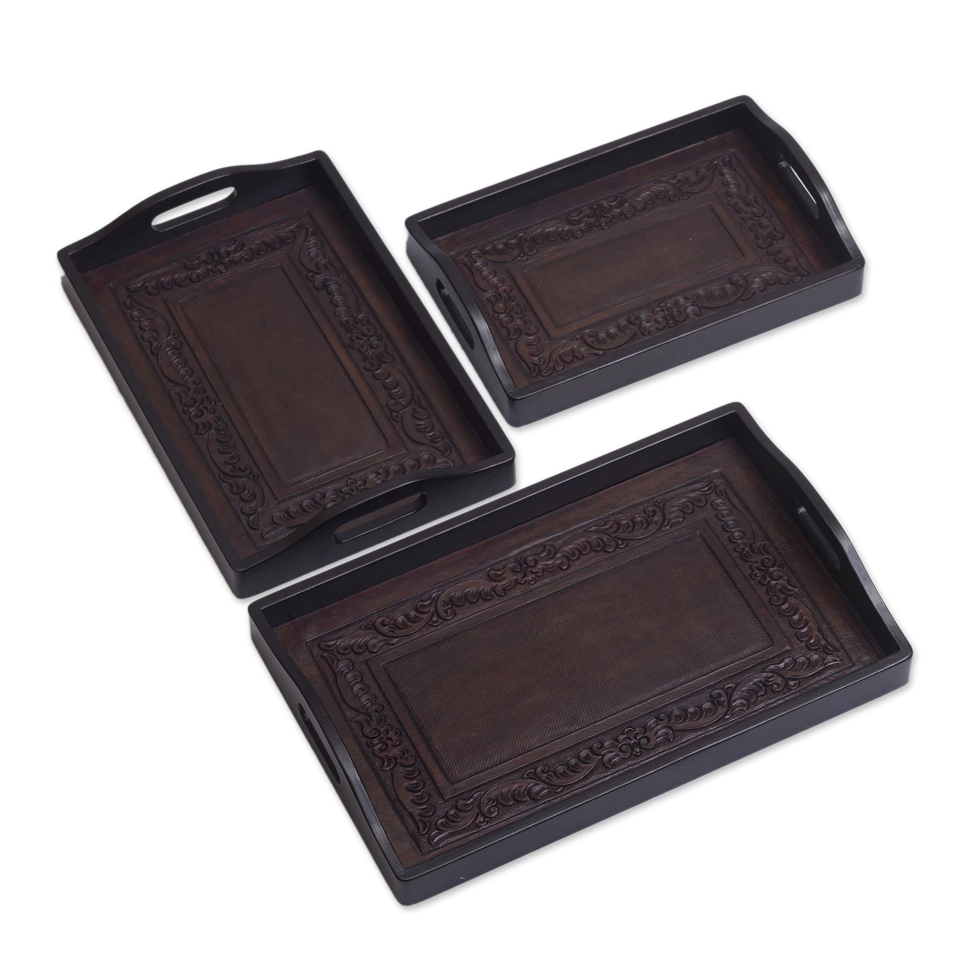 Premium Leather and Cedar Wood Serving Tray Set - Ultimate Collection (Set of 3)