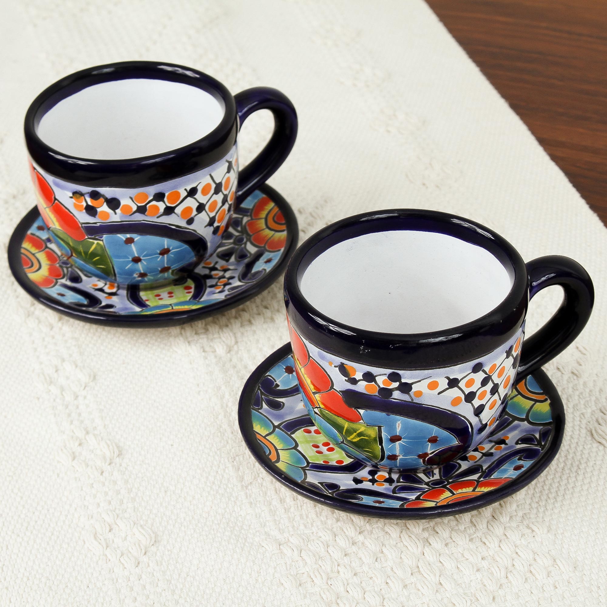 Premium Talavera Style Ceramic Cups & Saucers - Handcrafted Floral Design from Mexico