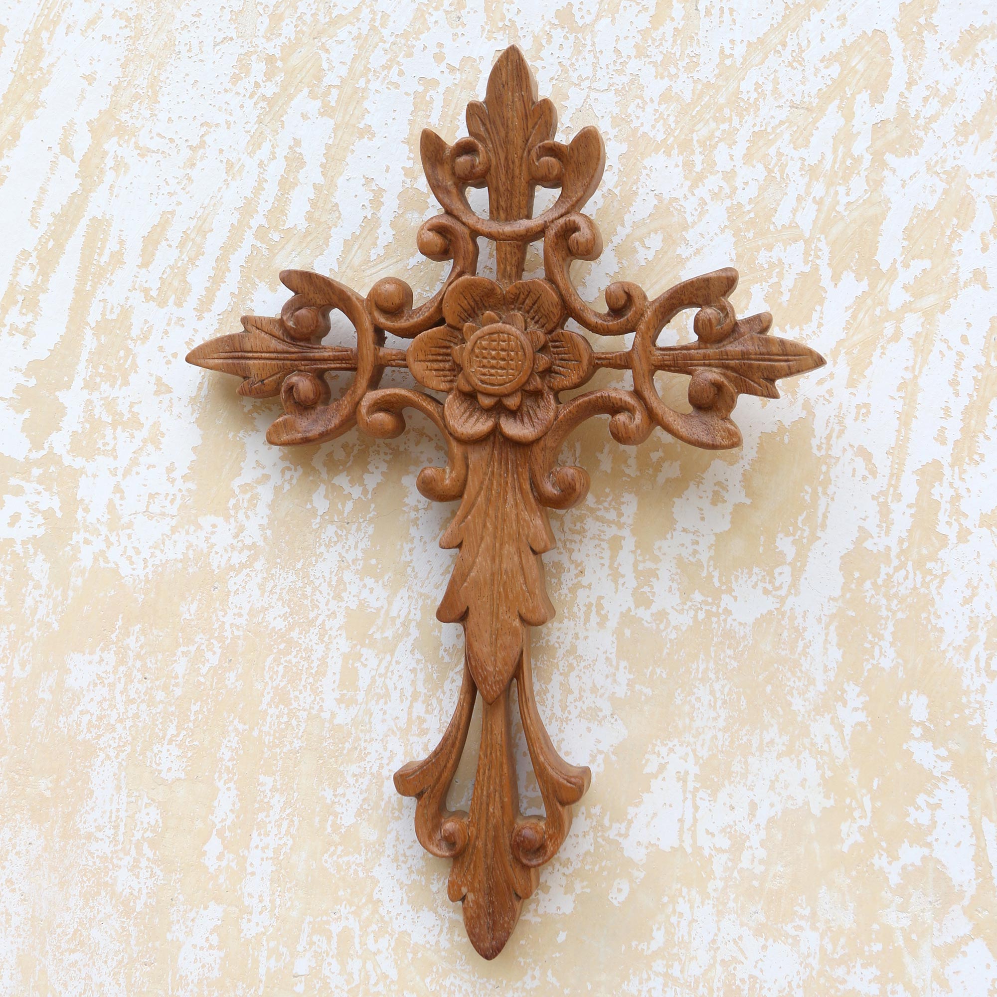 Premium Handcrafted Suar Wood Wall Cross with Floral Accent