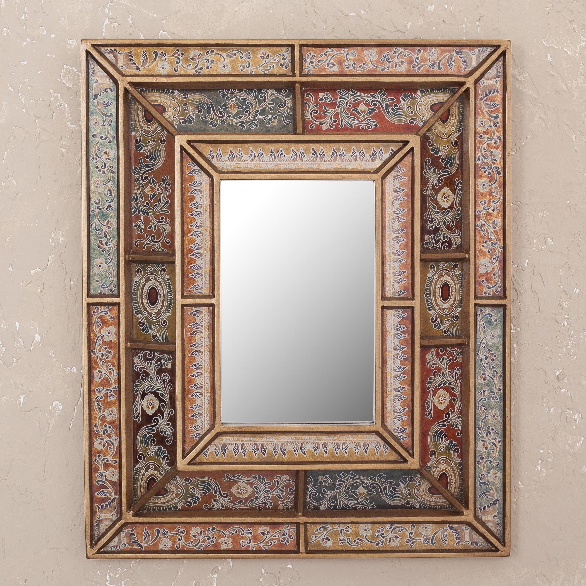 Premium Colonial Floral Reverse-Painted Glass Wall Mirror - Handcrafted in Peru