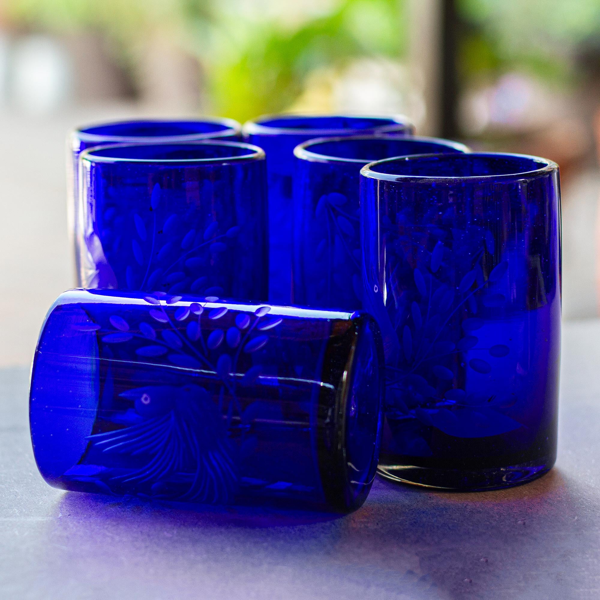 Premium Paloma Azul Etched Blue Handblown Glass Tumblers - Set of 6