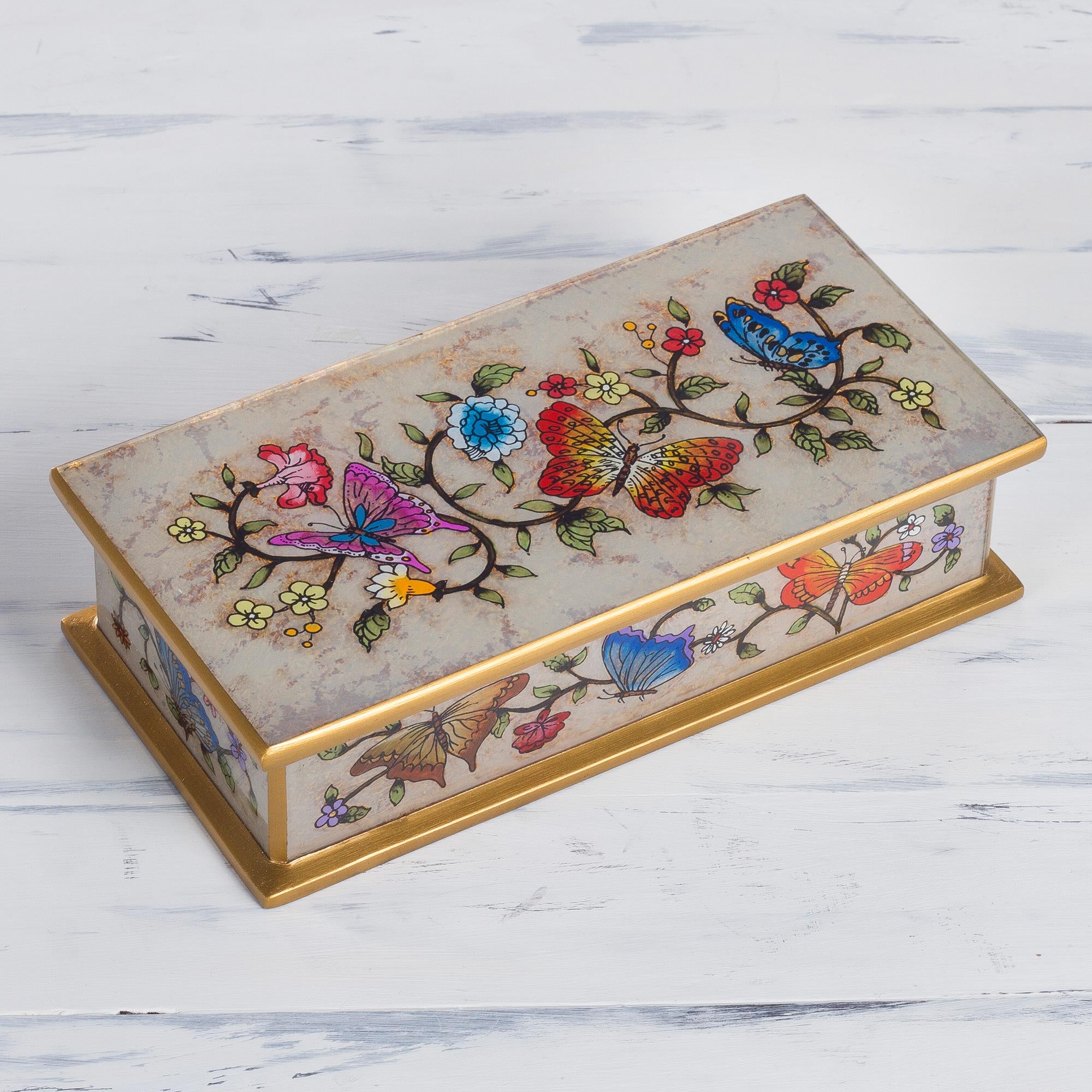 Premium Butterfly Jubilee Decorative Box in Bone Reverse Painted Glass