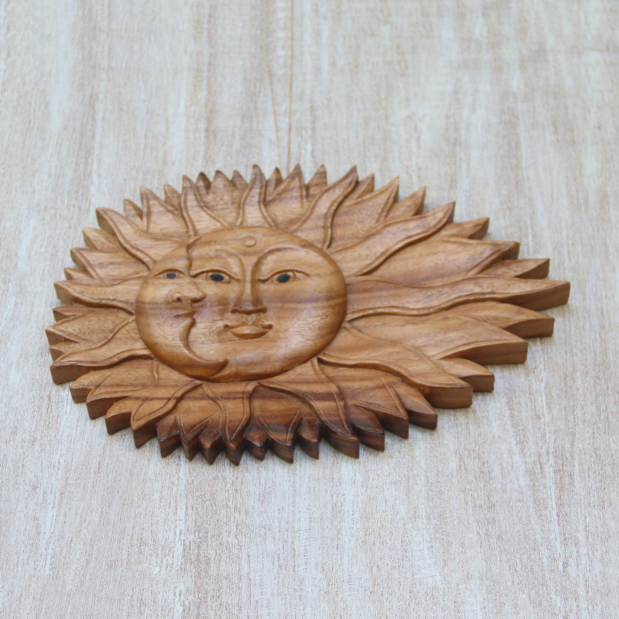 Premium Lunar Solar Artisan Wall Relief - Hand-Carved Sun & Moon Panel from Bali