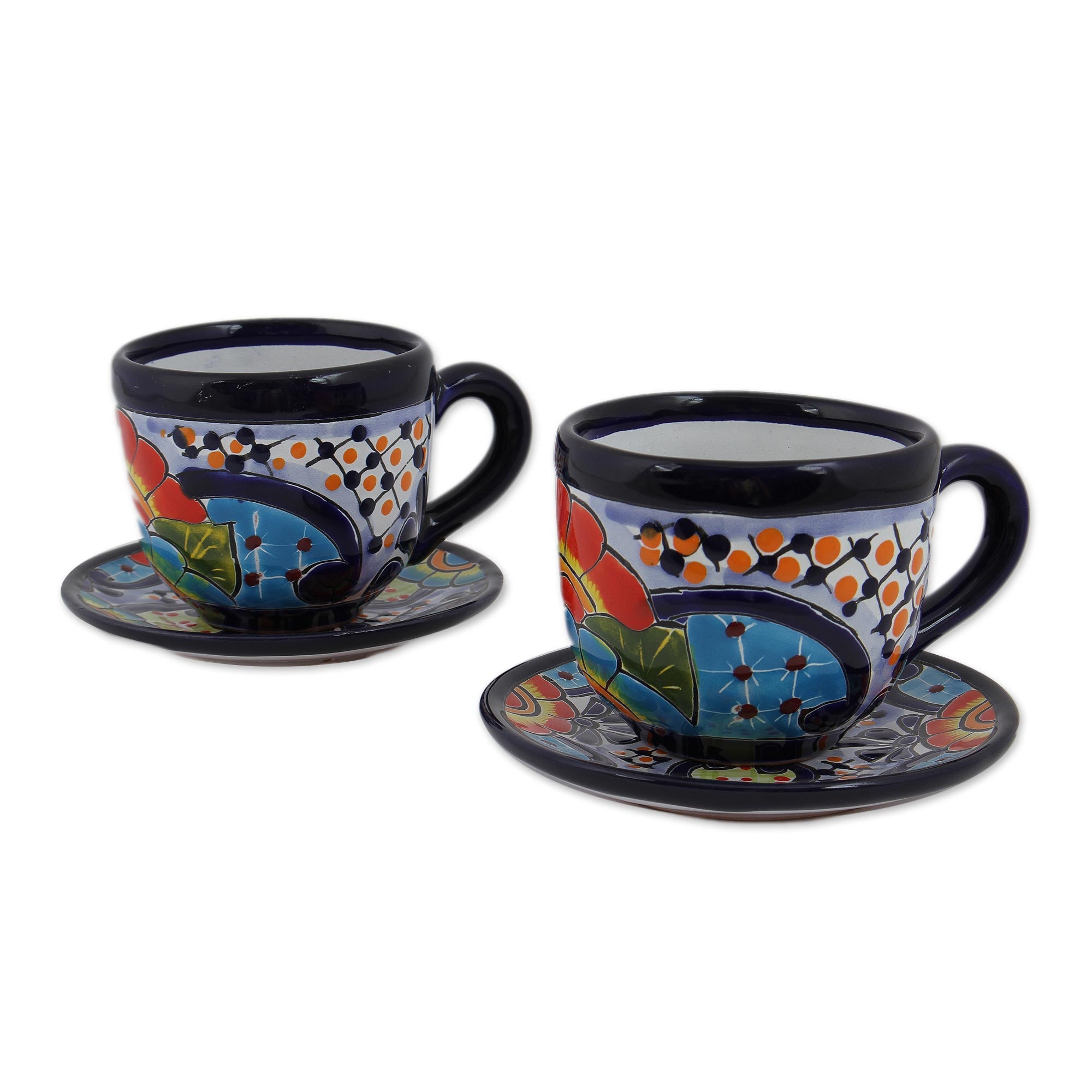 Premium Talavera Style Ceramic Cups & Saucers - Handcrafted Floral Design from Mexico