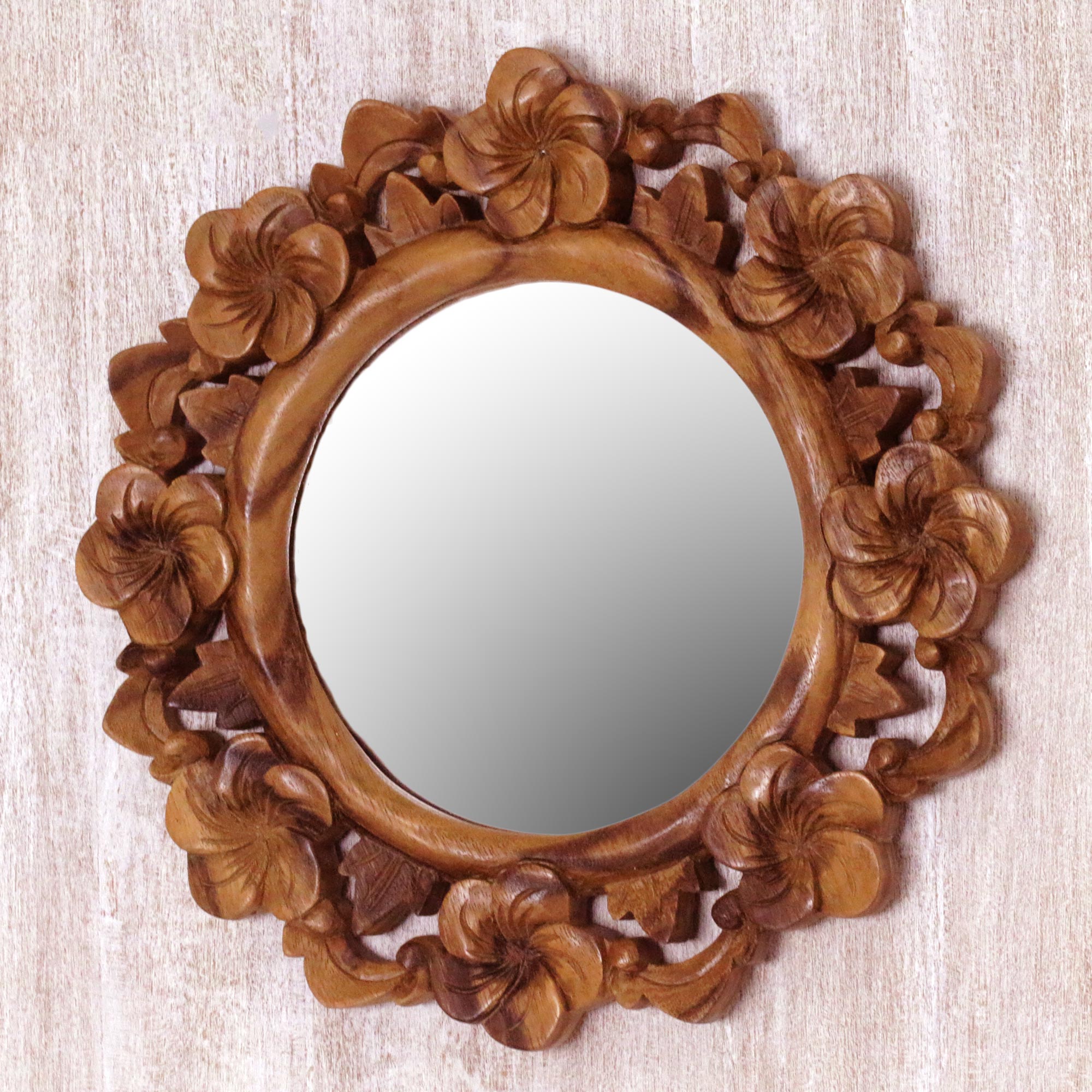Premium Balinese Floral Wall Mirror - Hand Carved Suar Wood, Jepun Design